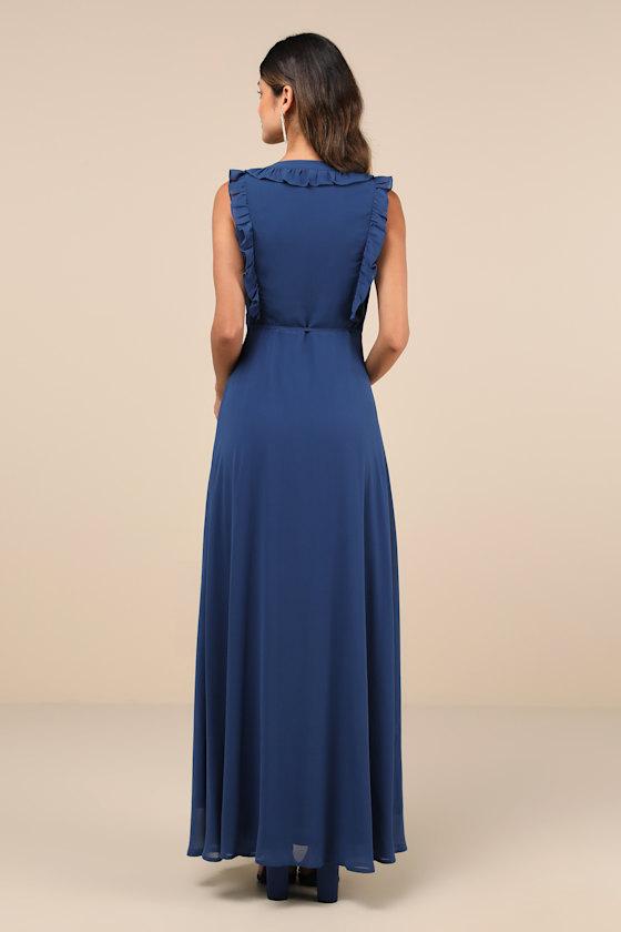 Major Elegance Blue Sleeveless Ruffled Wrap Maxi Dress Product Image