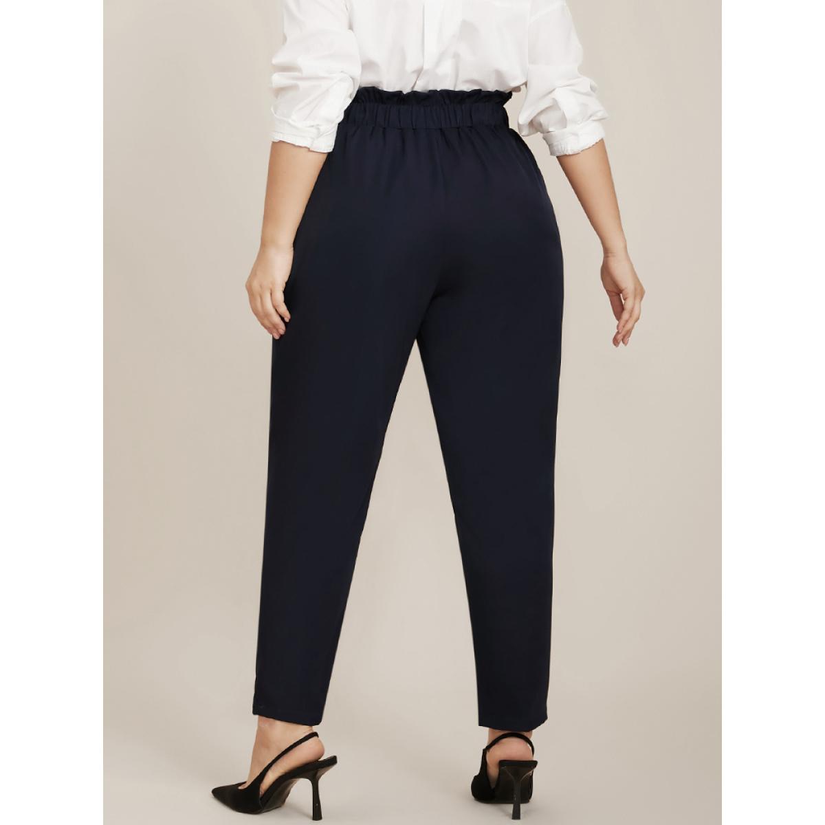Plus Size Solid Paperbag Waist Button Detail Pocket Pants Women Indigo Casual Mid Rise Dailywear Pants BloomChic 18-20/2X Product Image