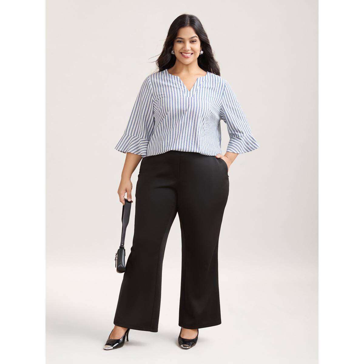 Plus Size Stone Striped Split Neck Flared Sleeve Shirt Women At the Office Elbow-length sleeve Notched collar Work Blouses BloomChic 18-20/2X Product Image