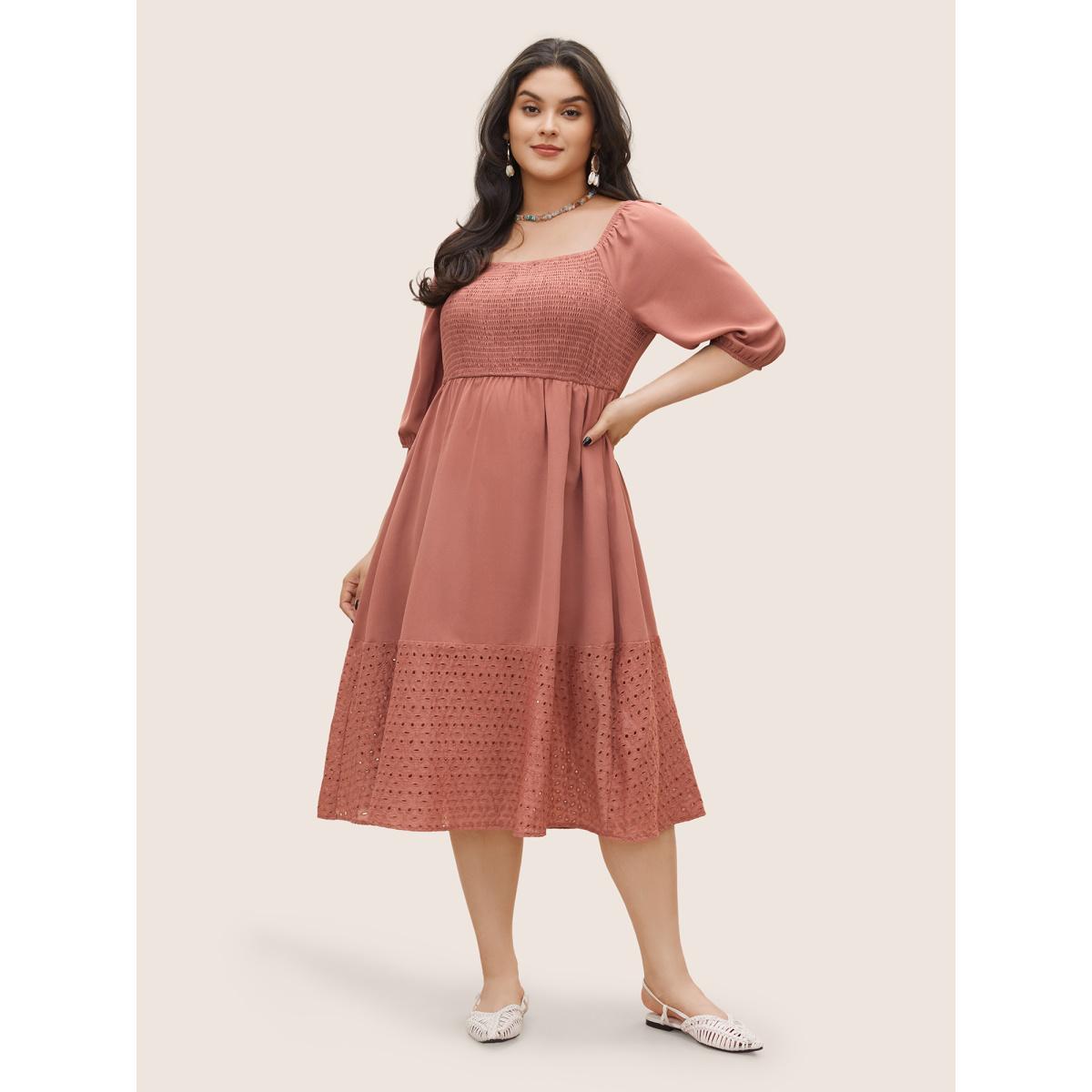 Plus Size Solid Square Neck Shirred Elastic Waist Cut Out Dress Rouge Women Resort Non Square Neck Elbow-length sleeve Curvy Midi Dress BloomChic 18-20/2X Product Image