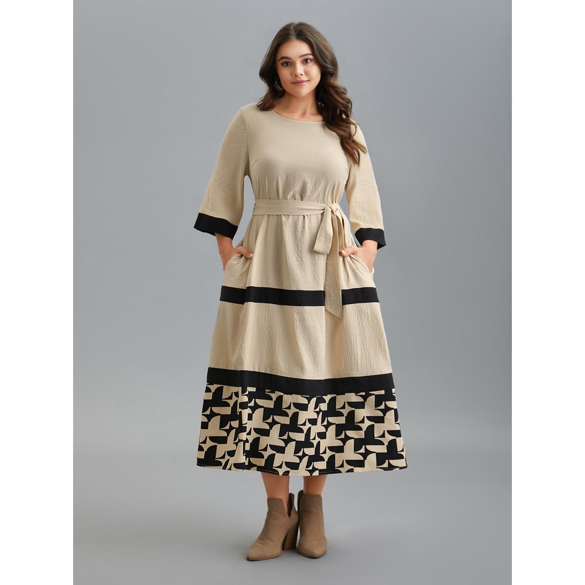 Plus Size Color-Block Belted Pockets Midi Dress Apricot Women Casual Texture Round Neck Elbow-length sleeve Curvy BloomChic 12/L Product Image