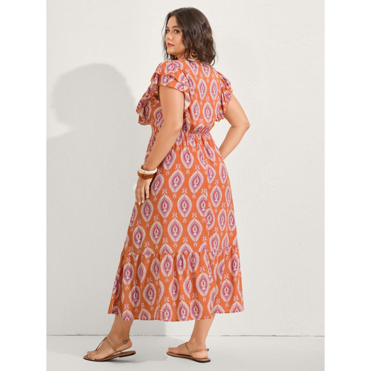 Plus Size Rayon Boho Print Pocket Midi Dress Coral Women Boho V-neck Cap Sleeve Curvy BloomChic 12/L Product Image