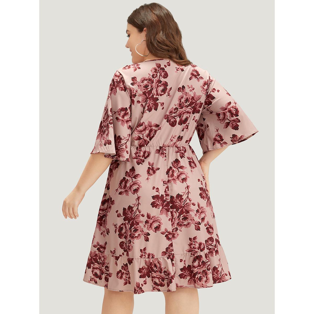 Plus Size Floral Print Pocket Flounce Sleeve Ruffle Dress DustyPink Women Elegant Printed V-neck Half Sleeve Curvy Midi Dress BloomChic 30/6X Product Image