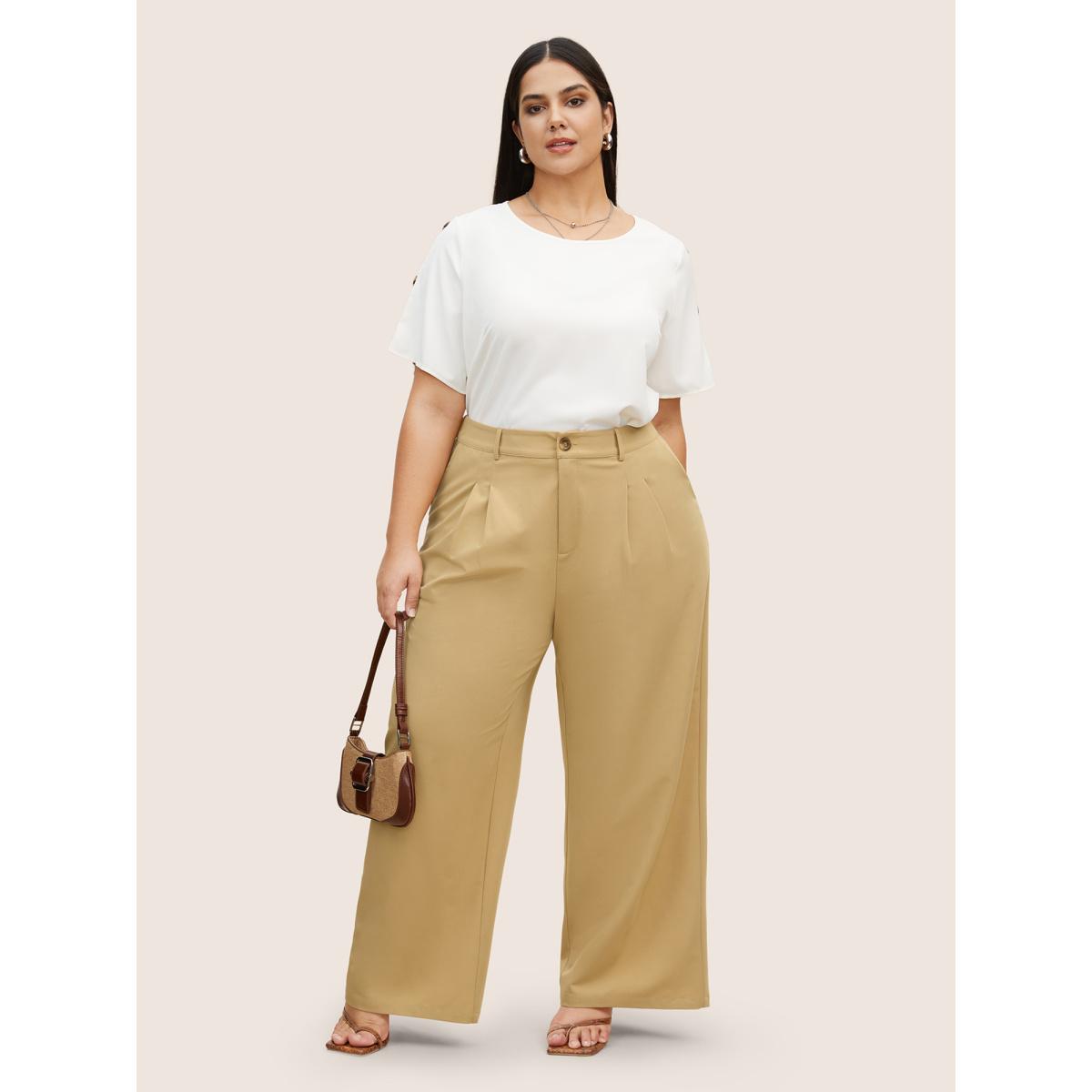 Plus Size Solid Pleated Slanted Pocket Wide Leg Pants Women Champagne At the Office Wide Leg High Rise Work Pants BloomChic 26/4X Product Image
