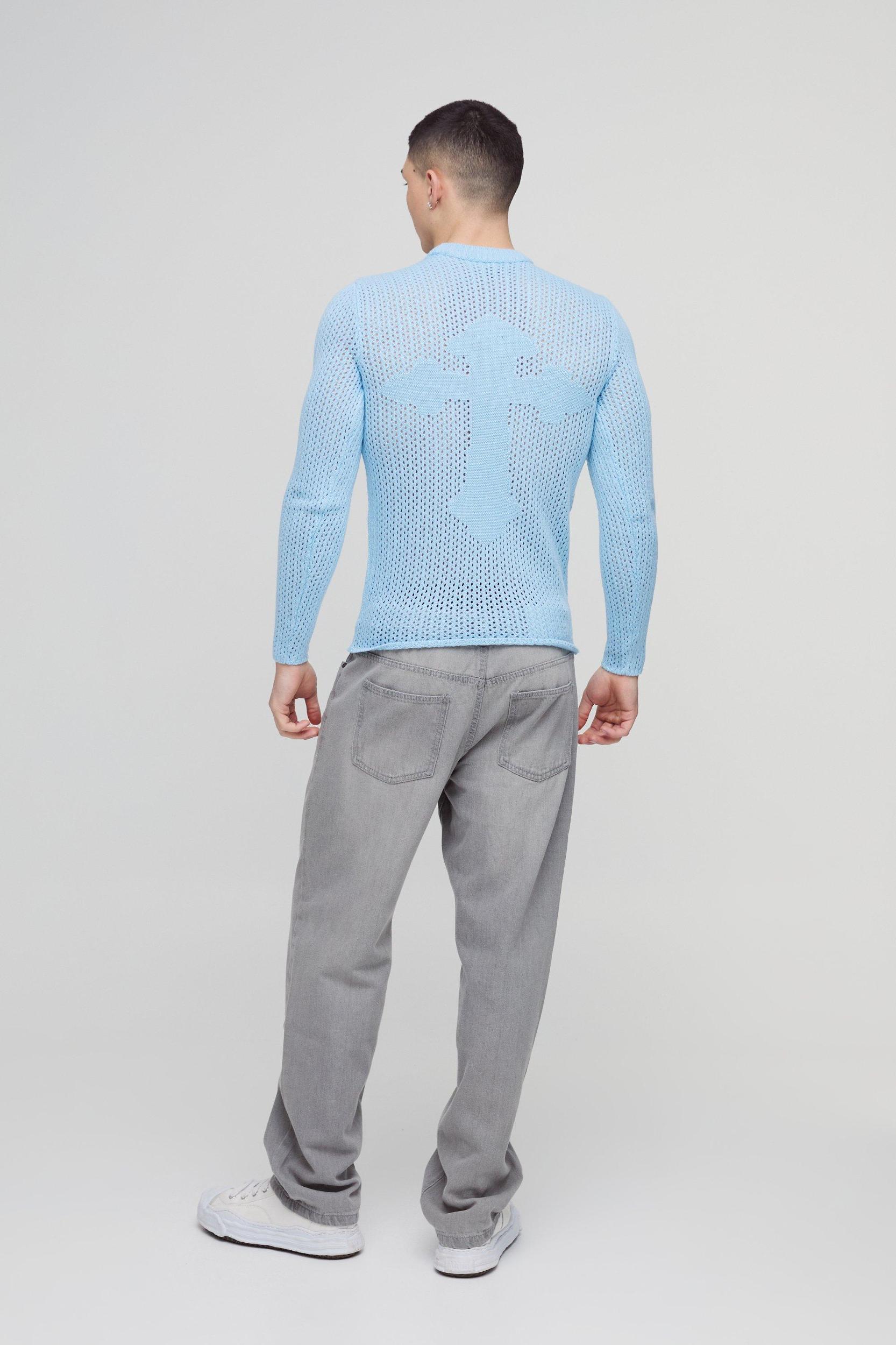 Muscle Fit Open Stitch Cross Graphic Long Sleeve Knitted T-Shirt | boohooMAN USA Product Image