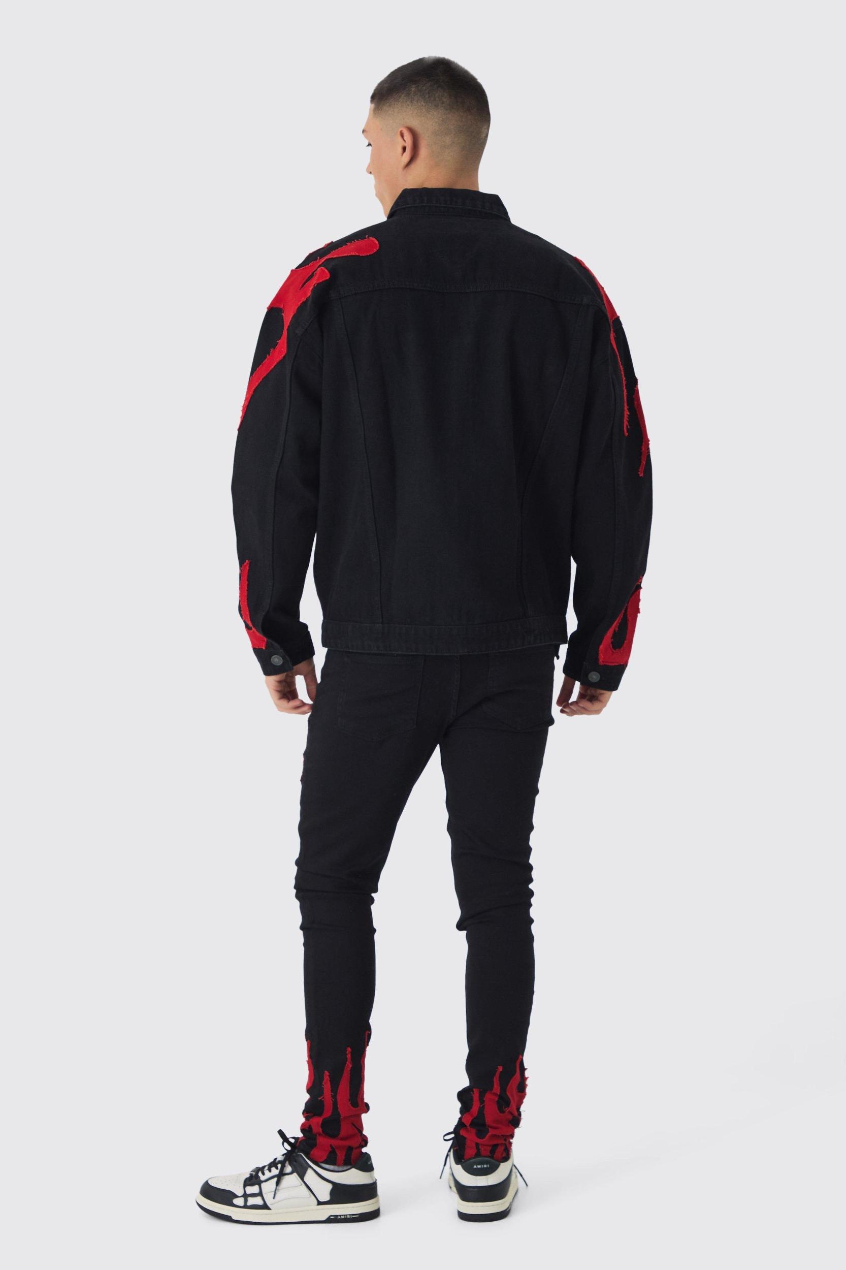 Skinny Stretch Stacked Flame Applique Denim Jeans | boohooMAN USA Product Image