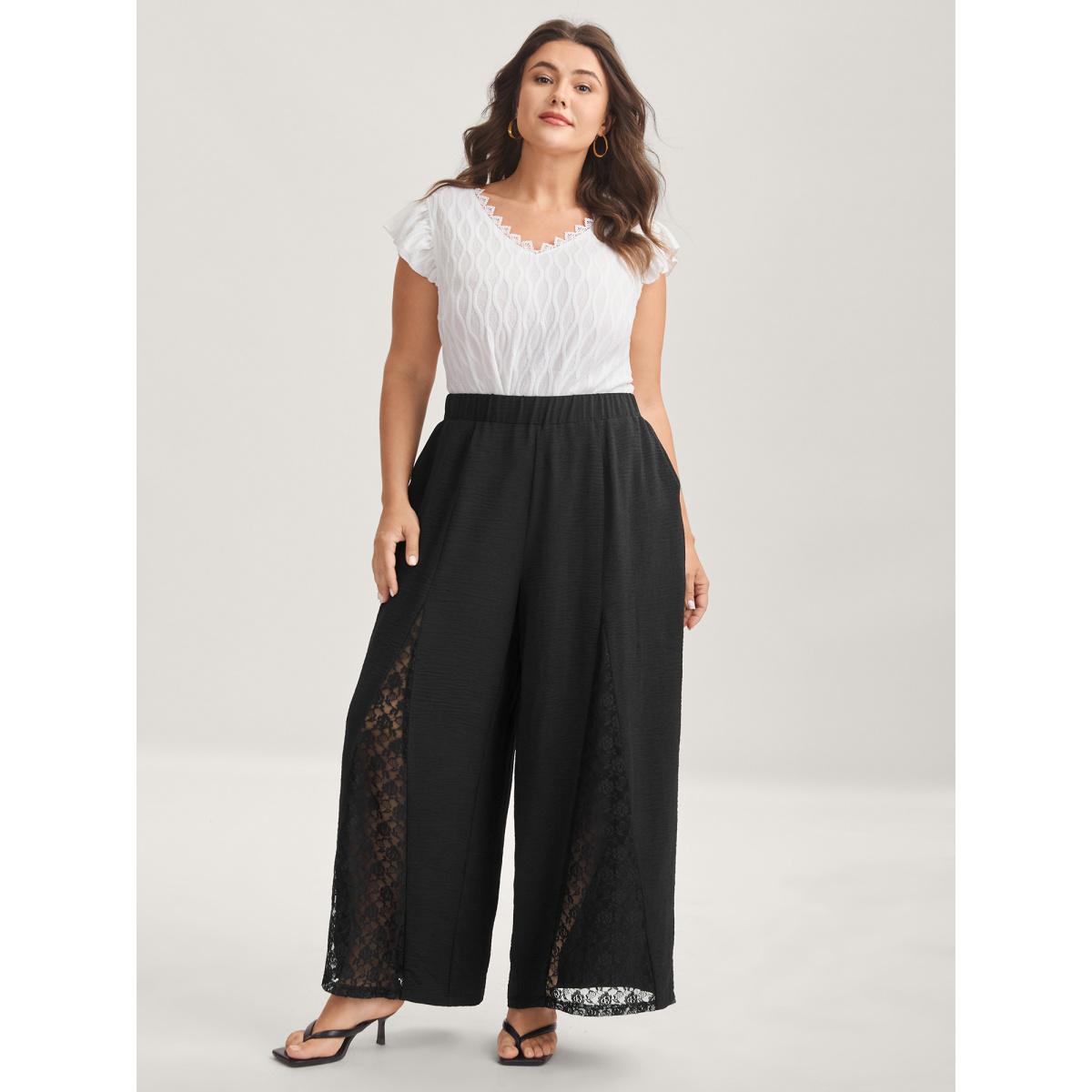 Plus Size Lace Trim Sheer Wide-Leg Pants Women Black Everyday-Elegant Pants BloomChic 14-16/1X Product Image