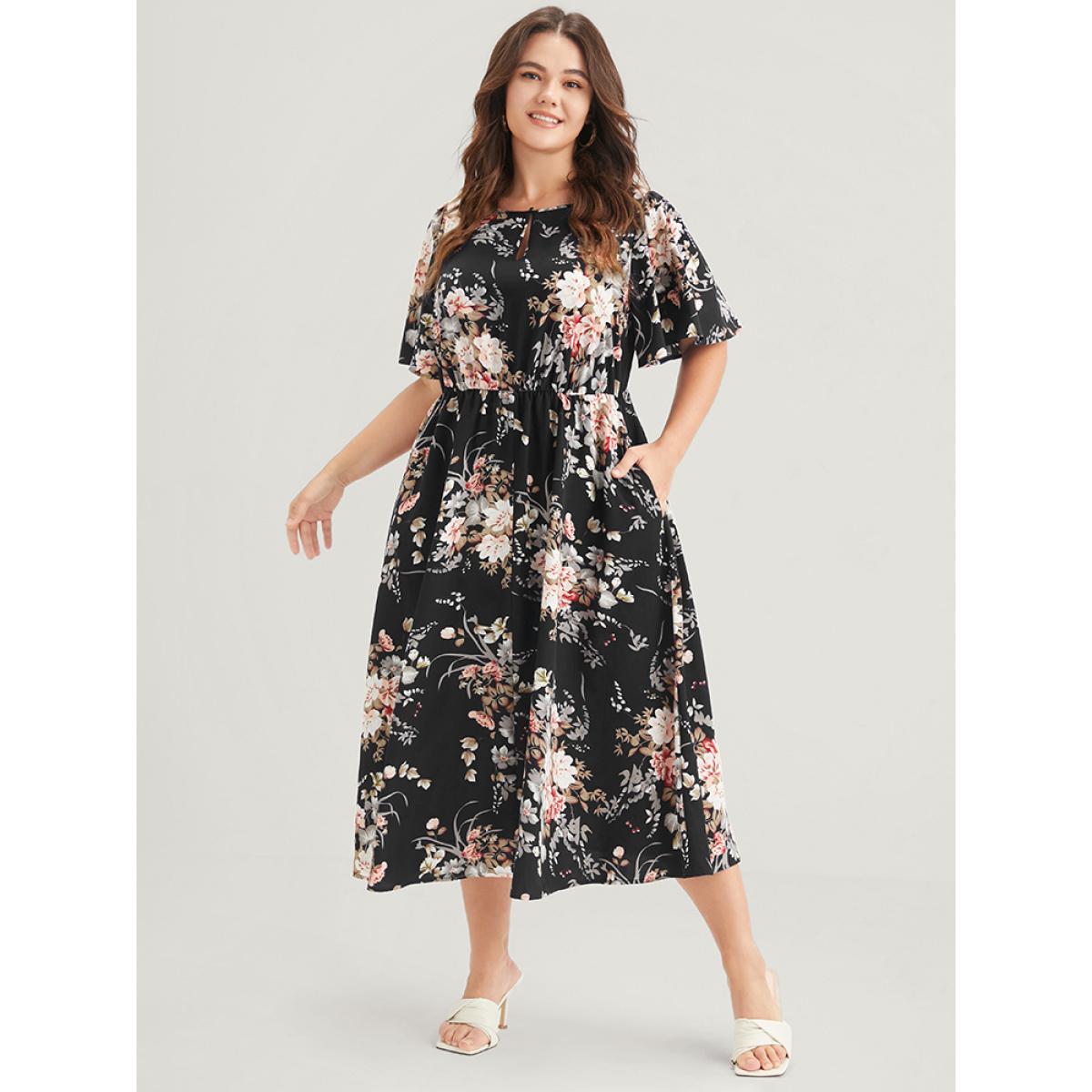 Plus Size Bloom Dress - Floral Keyhole Round Neck Pocket Ruffles Midi Dress Black Women Elegant Printed Round Neck Short sleeve Curvy Midi Dress BloomChic 30/6X Product Image