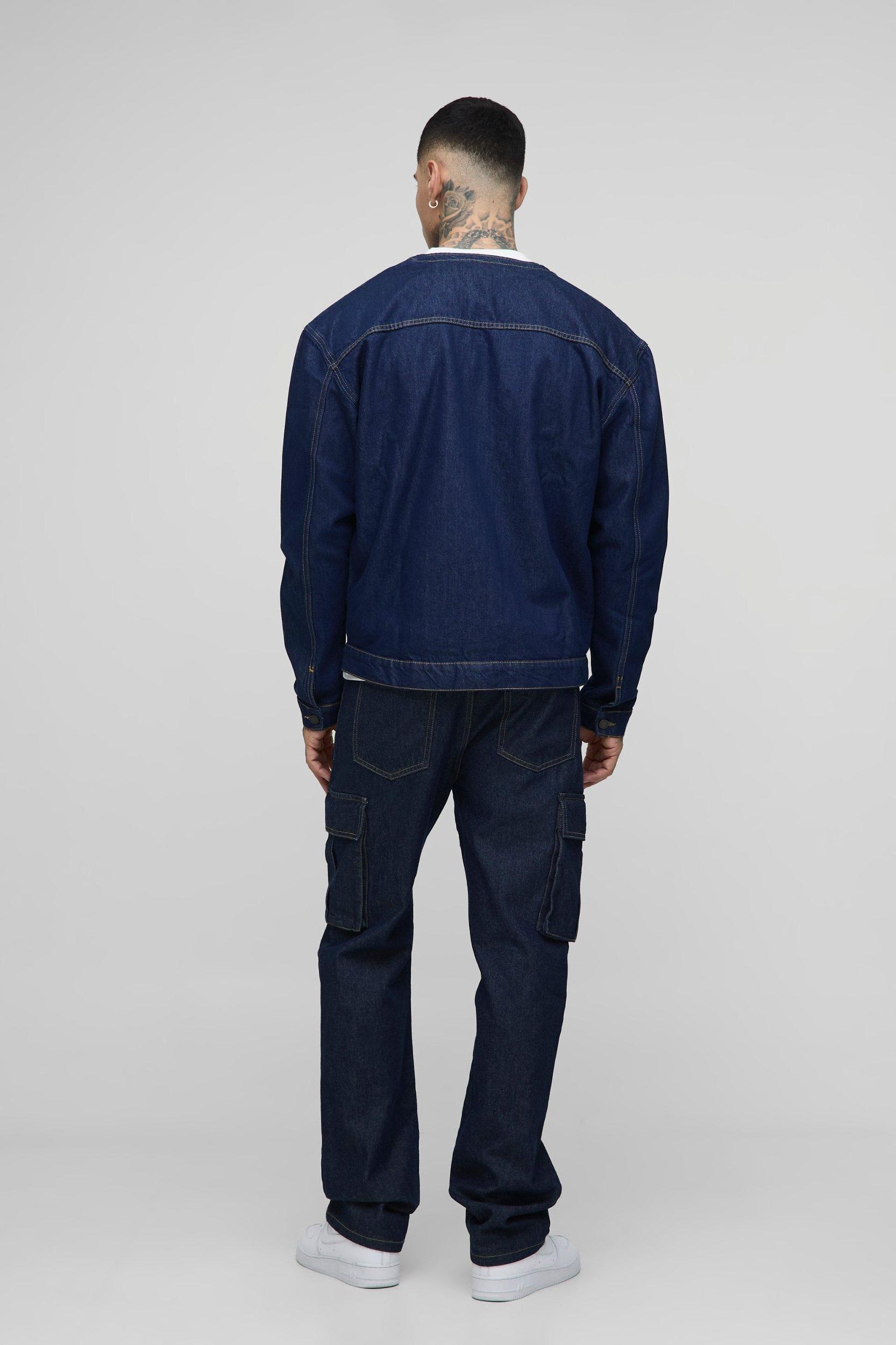 Tall Contrast Stitch Oversized Collarless Jean Jacket | boohooMAN USA Product Image