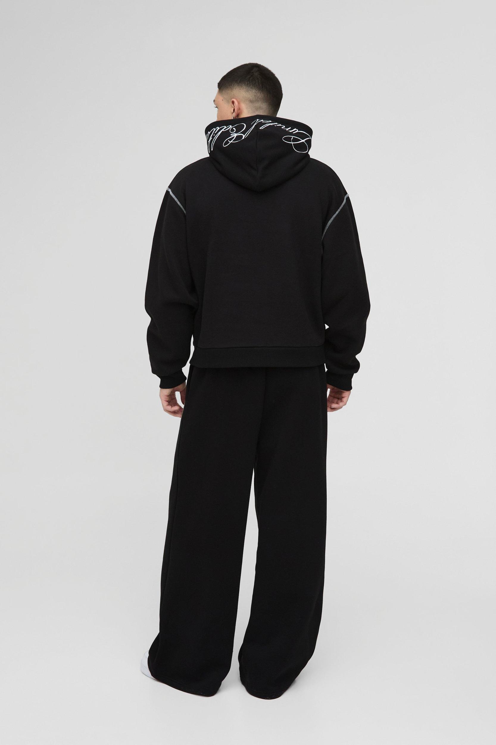 Oversized Boxy Twill Applique Contrast Stitch Hoodie | boohooMAN USA Product Image