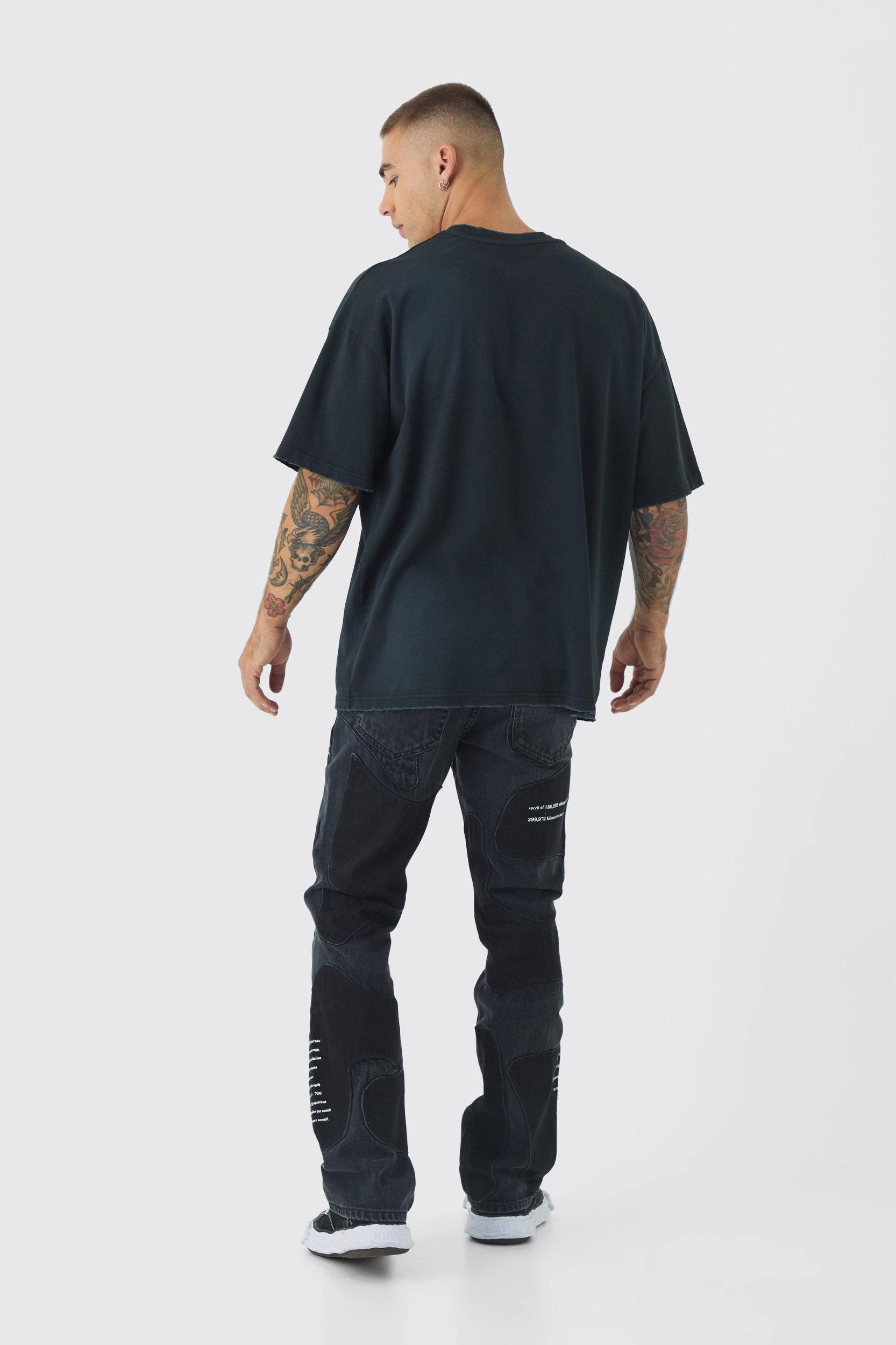 Rigid Slim Flare Patchwork Applique Jeans | boohooMAN USA Product Image