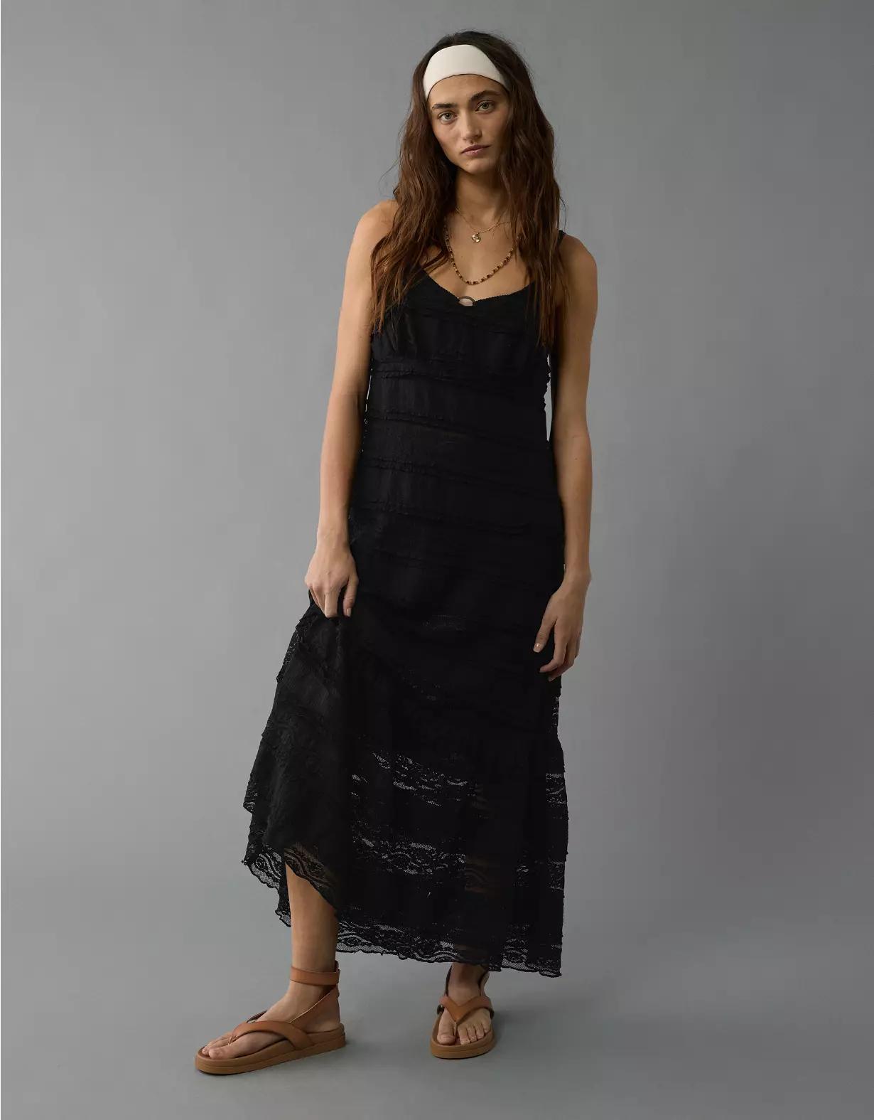 AE Lace V-Neck Tiered Midi Dress Product Image