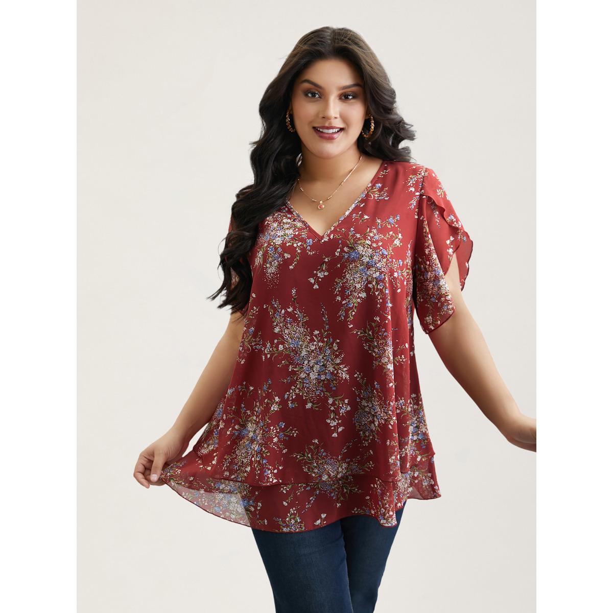 Plus Size Scarlet Floral Print Petal Sleeve Layered Blouse Women Romantic Half Sleeve V-neck Elegant Blouses BloomChic 28/5X Product Image