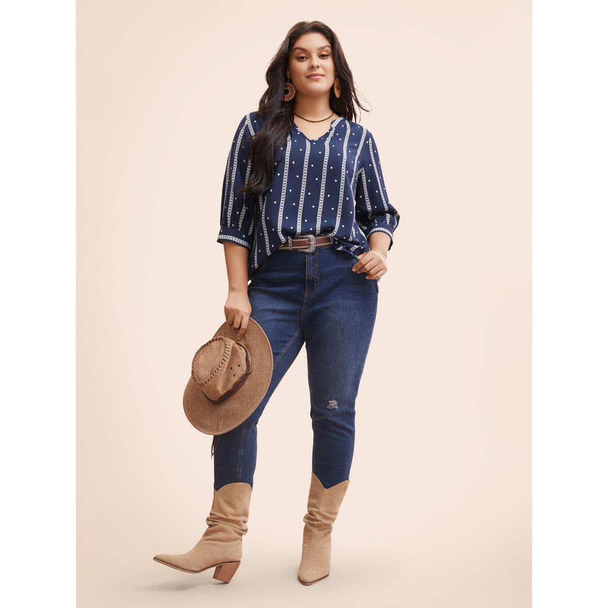 Plus Size Indigo Striped Geometric Notched Gathered Blouse Women Resort Elbow-length sleeve Notched collar Vacation Blouses BloomChic 22-24/3X Product Image