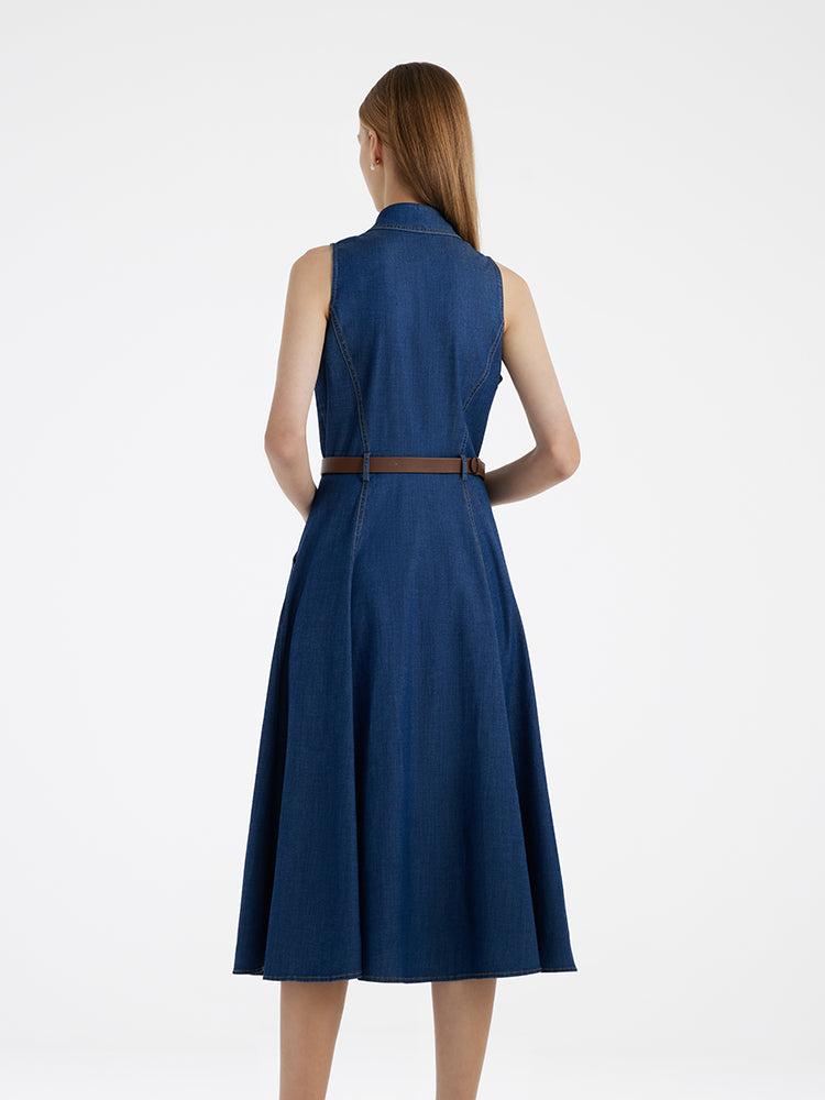 Denim Lapel Women Midi Vest Dress With Belt Product Image