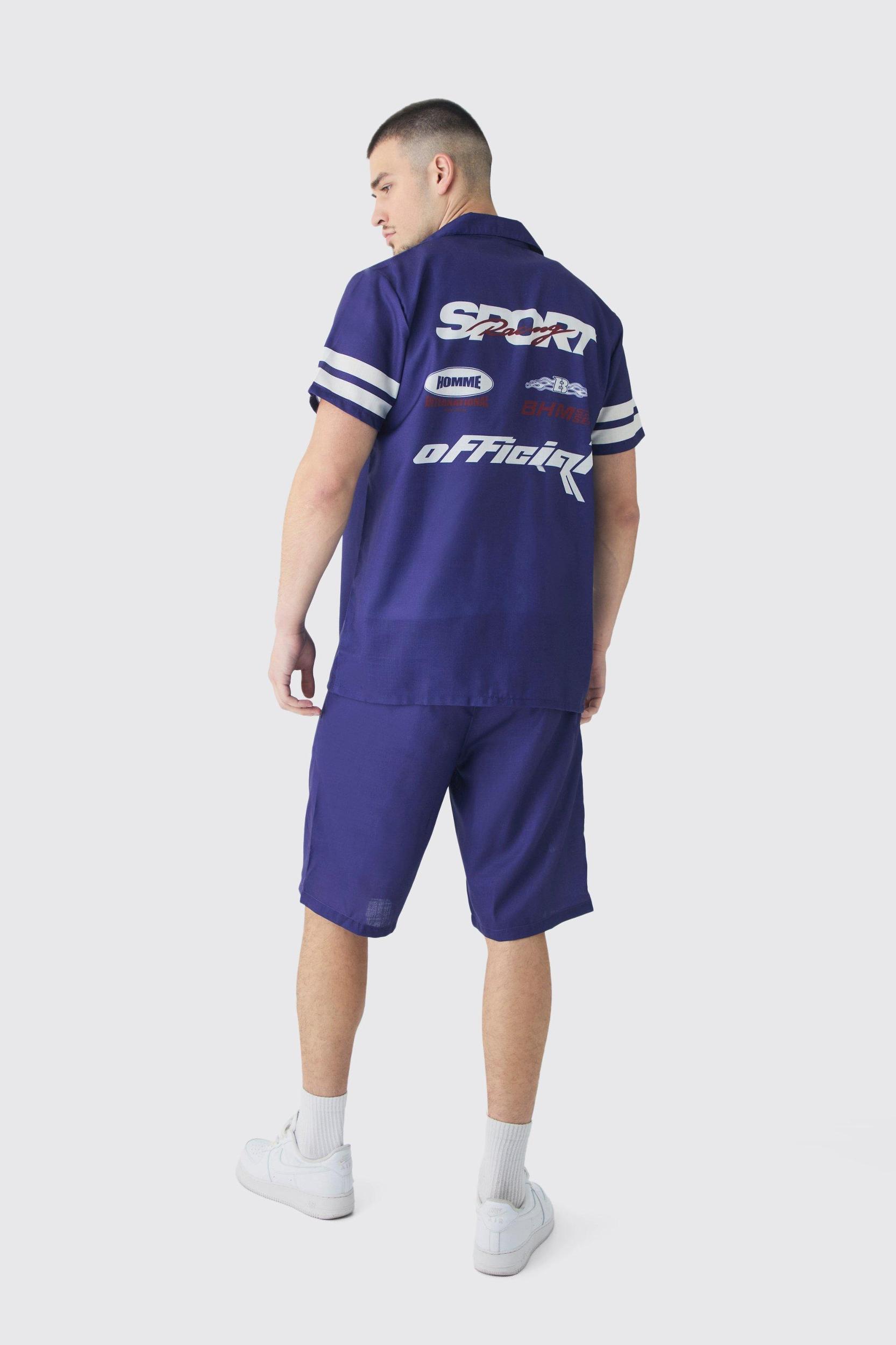 Tall Moto Print Shirt & Short Set In Navy | boohooMAN USA Product Image