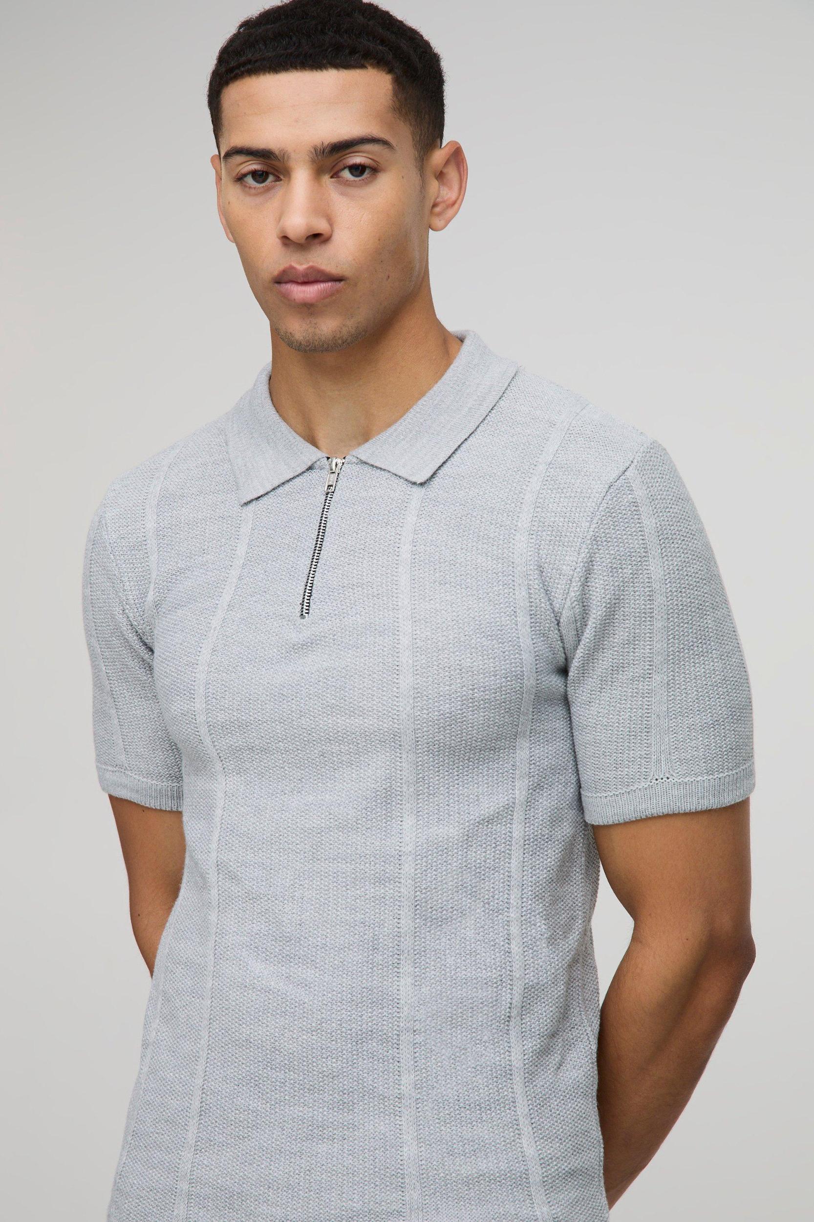 Muscle Fit Zip Neck Ribbed Panelled Knitted Polo | boohooMAN USA Product Image