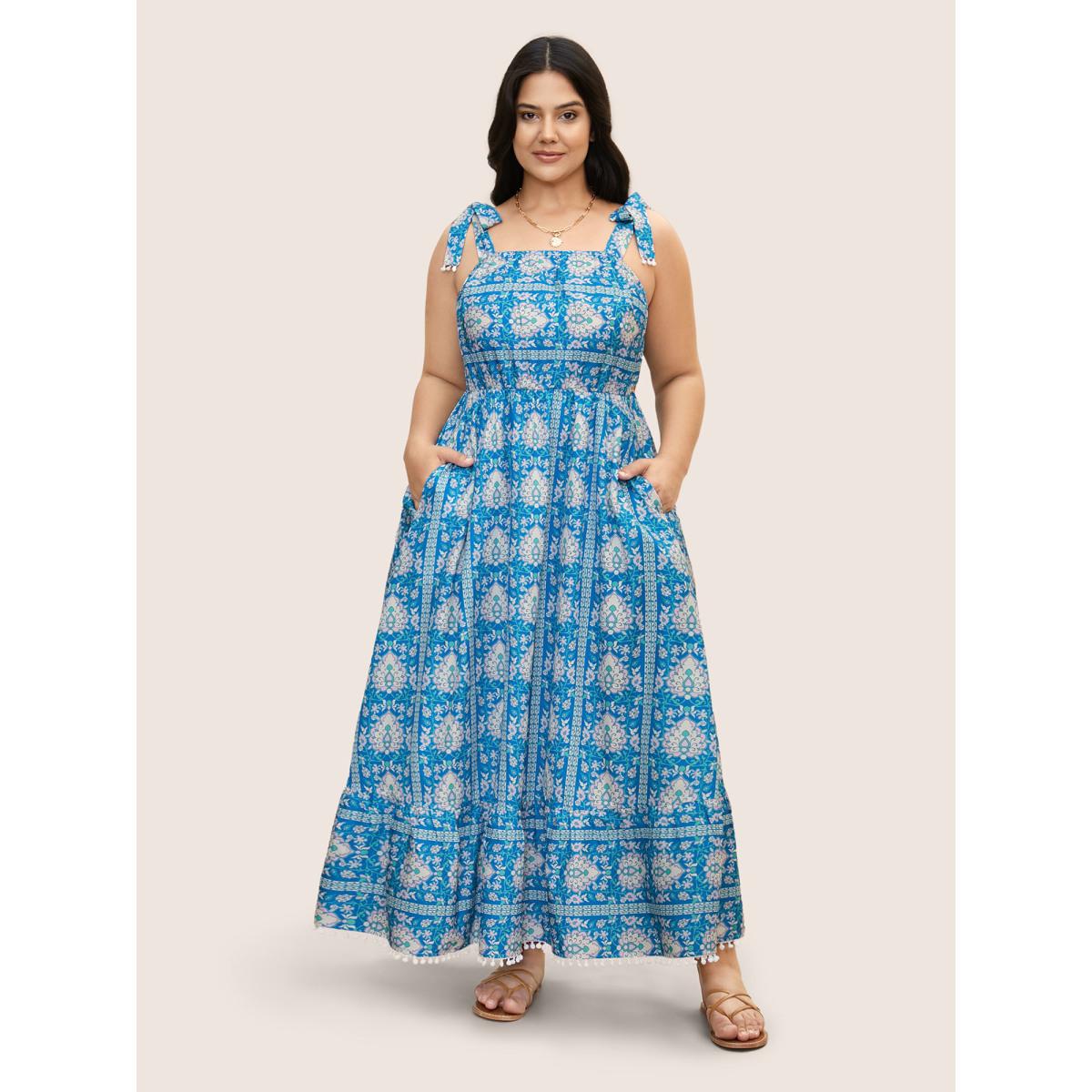Plus Size Boho Print Tie Knot Pompom Trim Dress Cerulean Women Resort Woven ribbon&lace trim One-shoulder neck Sleeveless Curvy BloomChic 14-16/1X Product Image