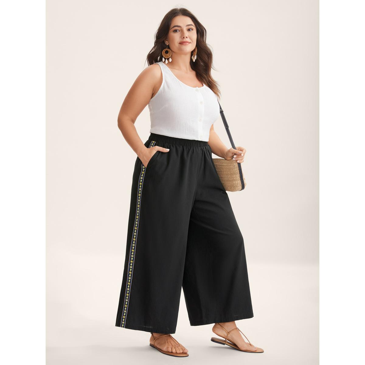 Plus Size Lace Detail Solid Straight-Leg Pants Women Black Resort Straight Leg Mid Rise Vacation Pants BloomChic 22-24/3X Product Image