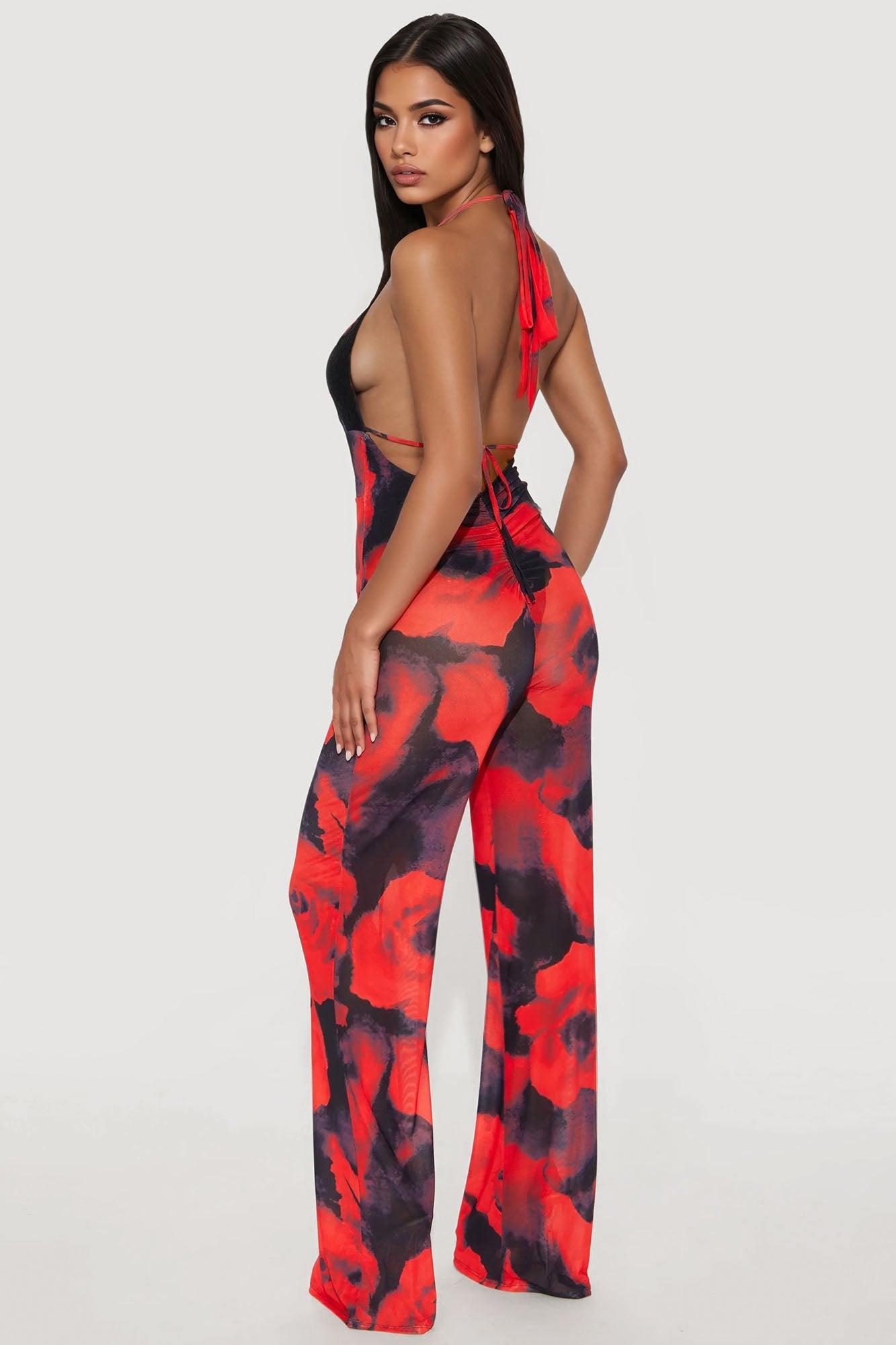 Rosemary Halter Mesh Jumpsuit - Red/Black Female Product Image