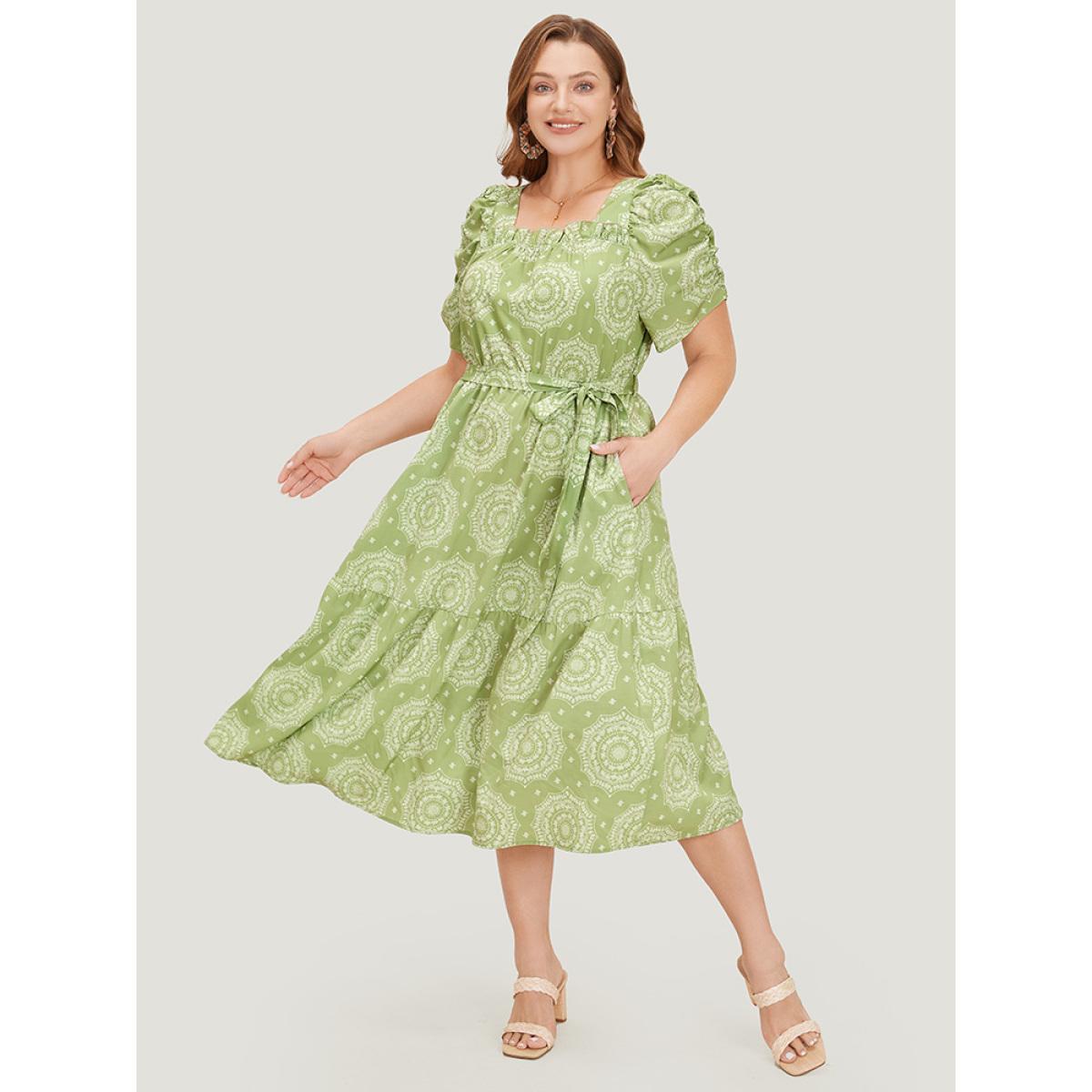 Plus Size Bandana Print Ruched Sleeve Frill Trim Pocket Belt Dress LightGreen Women Vacation Ruched Square Neck Short sleeve Curvy Midi Dress BloomChic 10/M Product Image