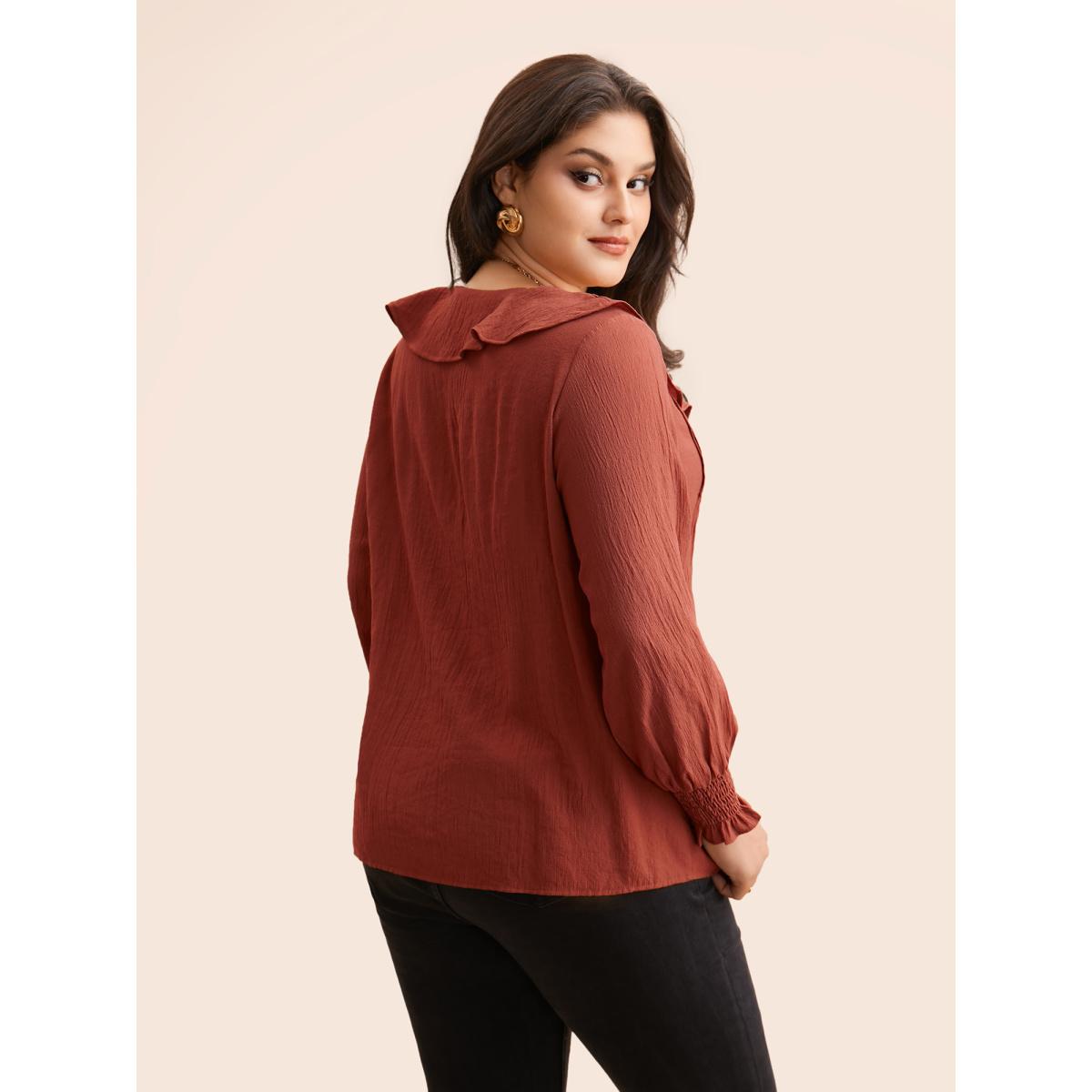 Plus Size Russet Solid Texture Pleated Ruffle Trim Blouse Women Elegant Long Sleeve Deep V-neck Everyday Blouses BloomChic 18-20/2X Product Image