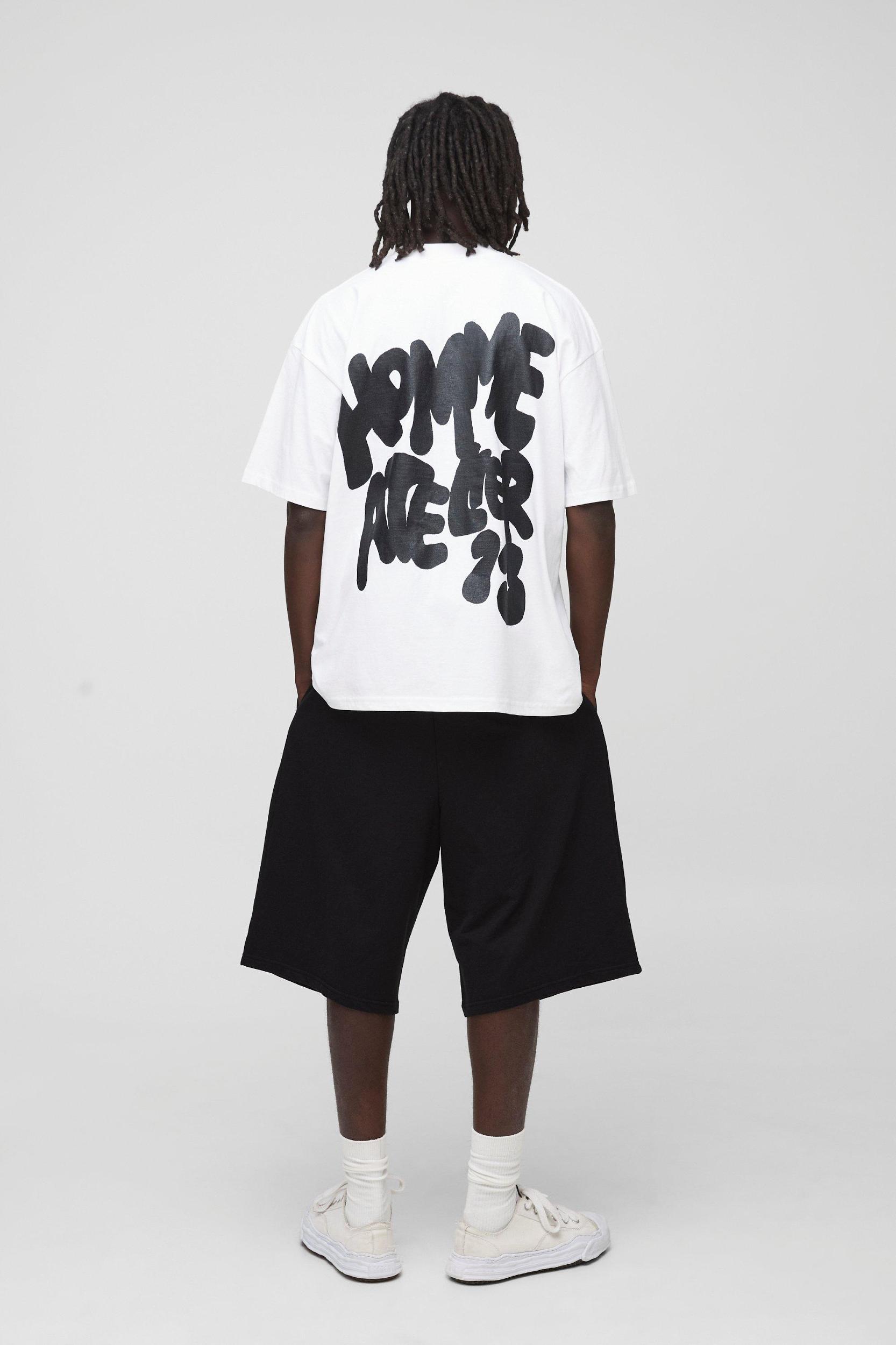 White Oversized Extended Neck Graffiti Homme Atelier Printed T-Shirt | boohooMAN USA Product Image