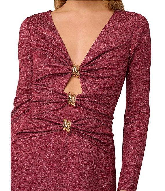 Adrianna by Adrianna Papell Metallic Knit V-Neck Long Sleeves Cut-Out Hardware Sheath Midi Dress Product Image