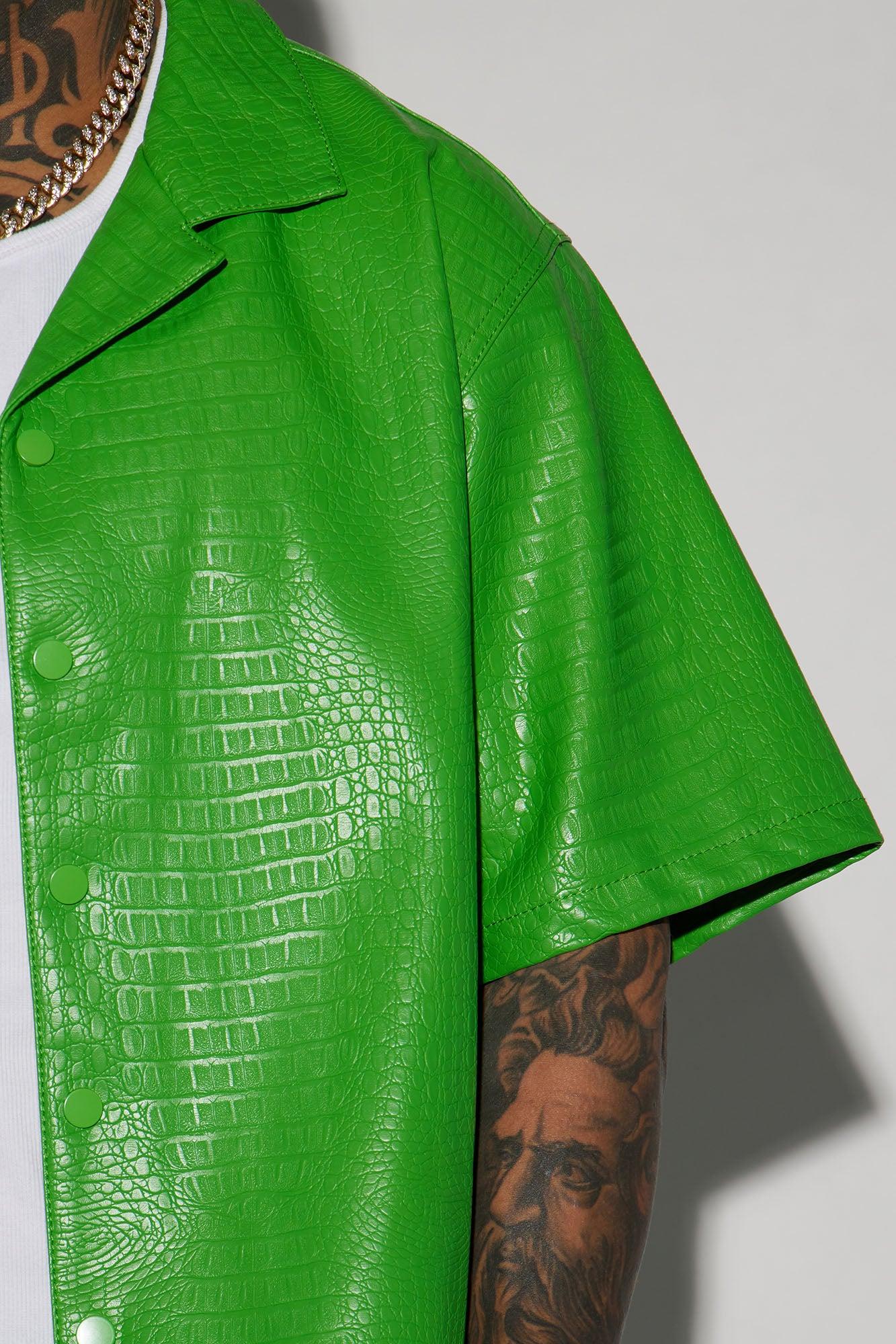 Gotta Run Faux Croc Leather Cropped Button Up Shirt - Green Product Image