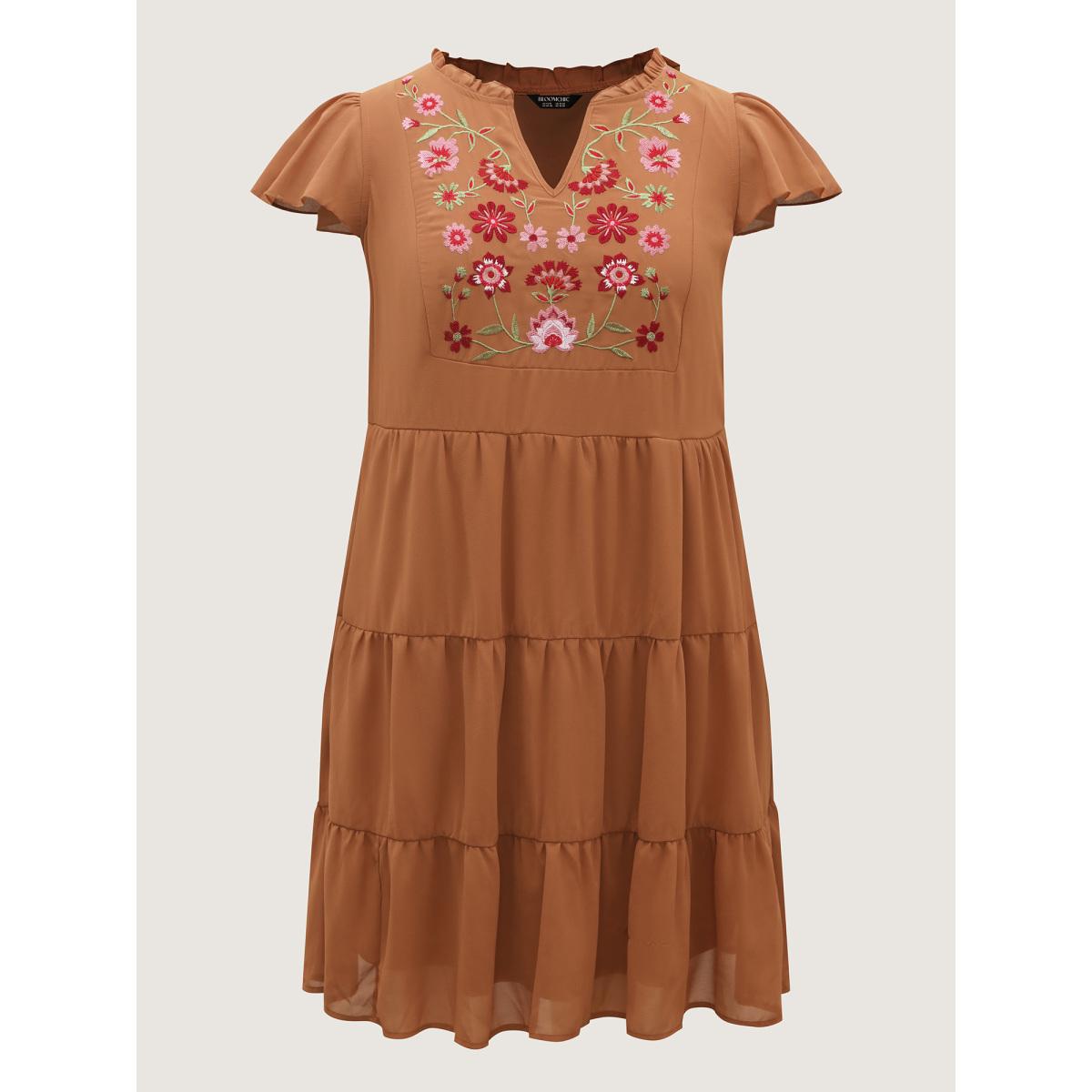 Plus Size Chiffon Floral Embroidered Tiered Midi Dress Bronze Women Boho Embroidered Notched collar Cap Sleeve Curvy BloomChic 10/M Product Image