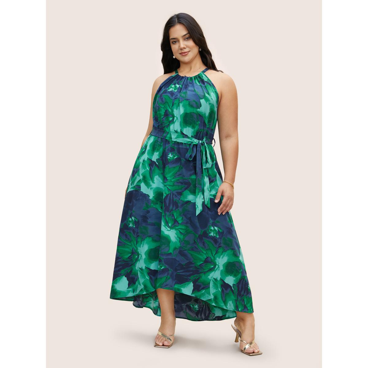 Plus Size Halter Watercolor Floral Belted Dress Emerald Women Elegant Gathered Halter neck Sleeveless Curvy BloomChic 28/5X Product Image