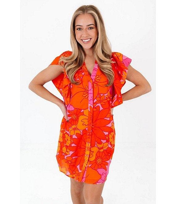 J.Marie Lizzie Mandarin Collar Short Sleeve Ruffle Hem Shirt Dress Product Image