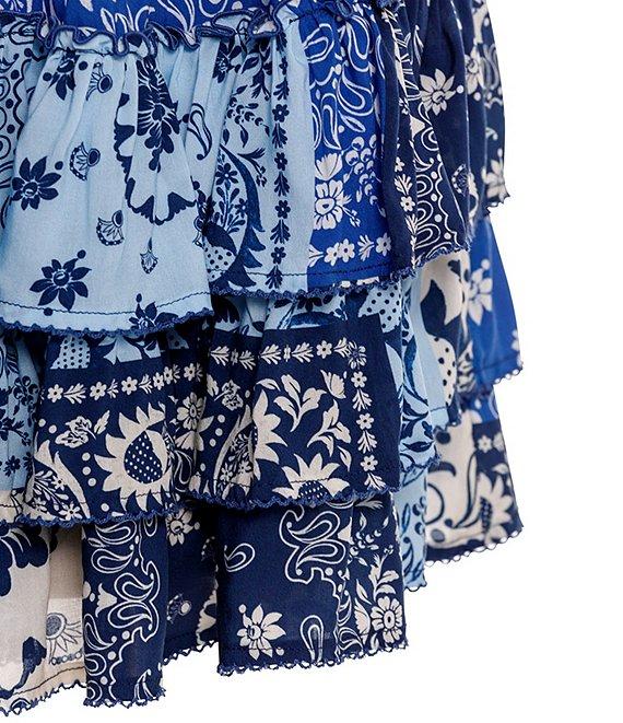 Agua Bendita Maona Scarf Print Criss-Cross Halter Neck Sleeveless Tiered Mini Dress Product Image