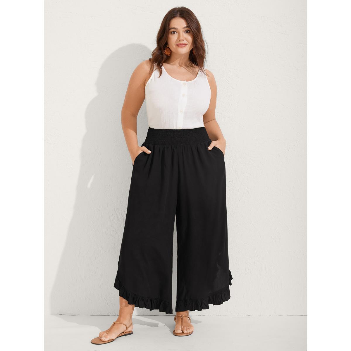 Plus Size Ruffled Curvy Hem Wide-Leg Pants Women Black Boho Wide Leg Mid Rise Vacation Pants BloomChic 12/L Product Image