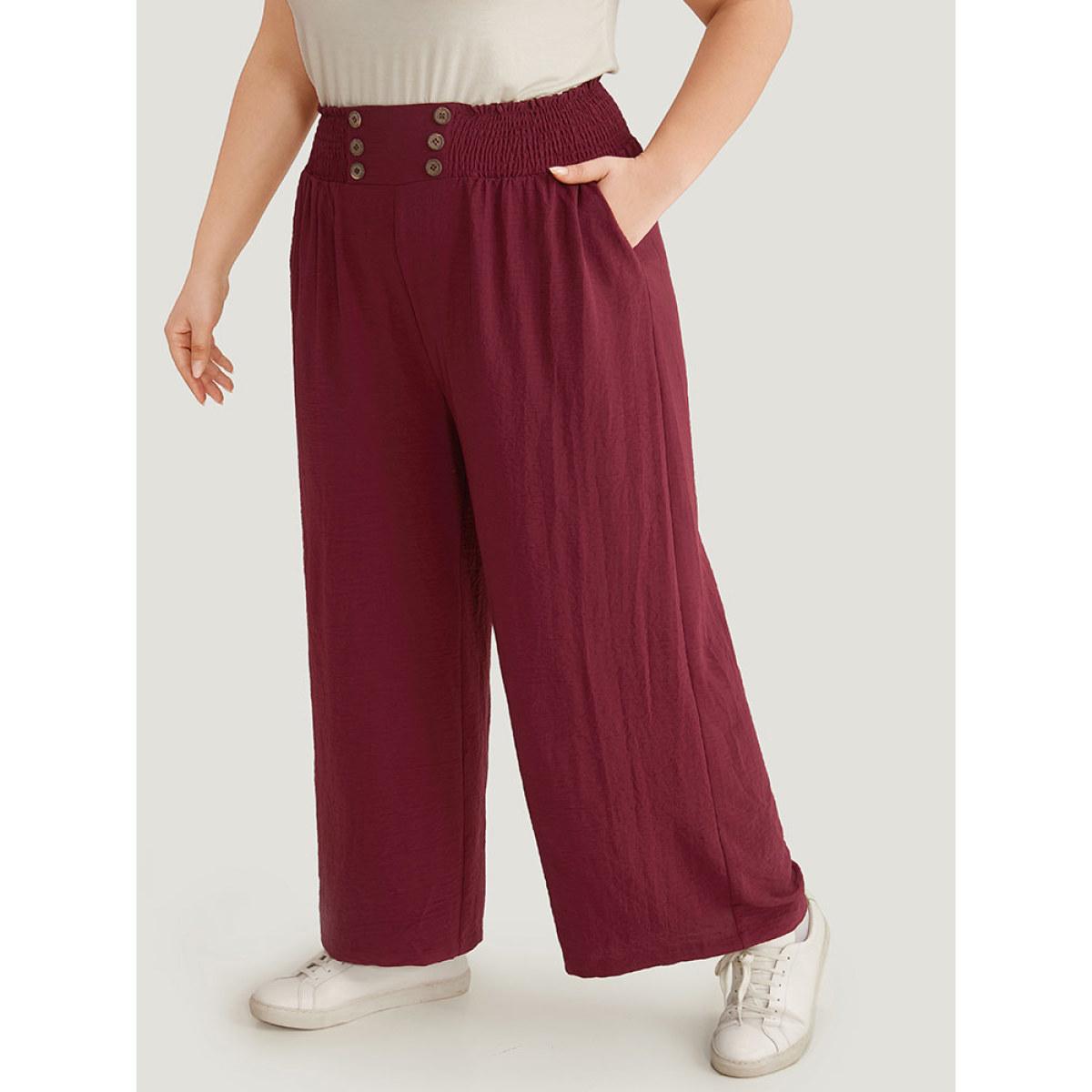 Plus Size Button Detail Shirred Wide Leg Pants Women Burgundy Glamour Wide Leg High Rise Going out Pants BloomChic 10/M Product Image