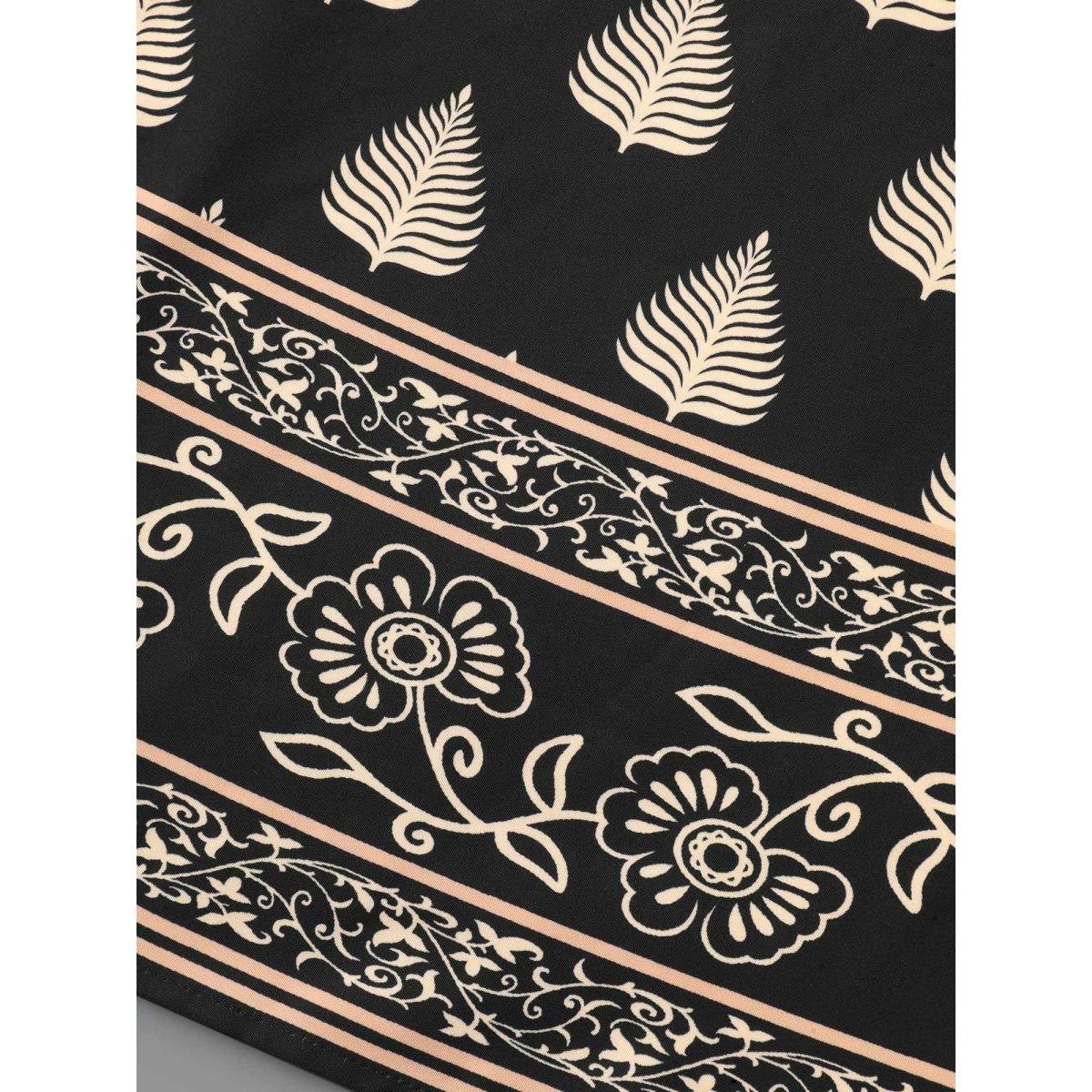 Plus Size Boho Print Elastic Waist Pocket Skirt Women BlackFlower Elegant Contrast Low stretch Slanted pocket Everyday Skirts BloomChic 10/M Product Image