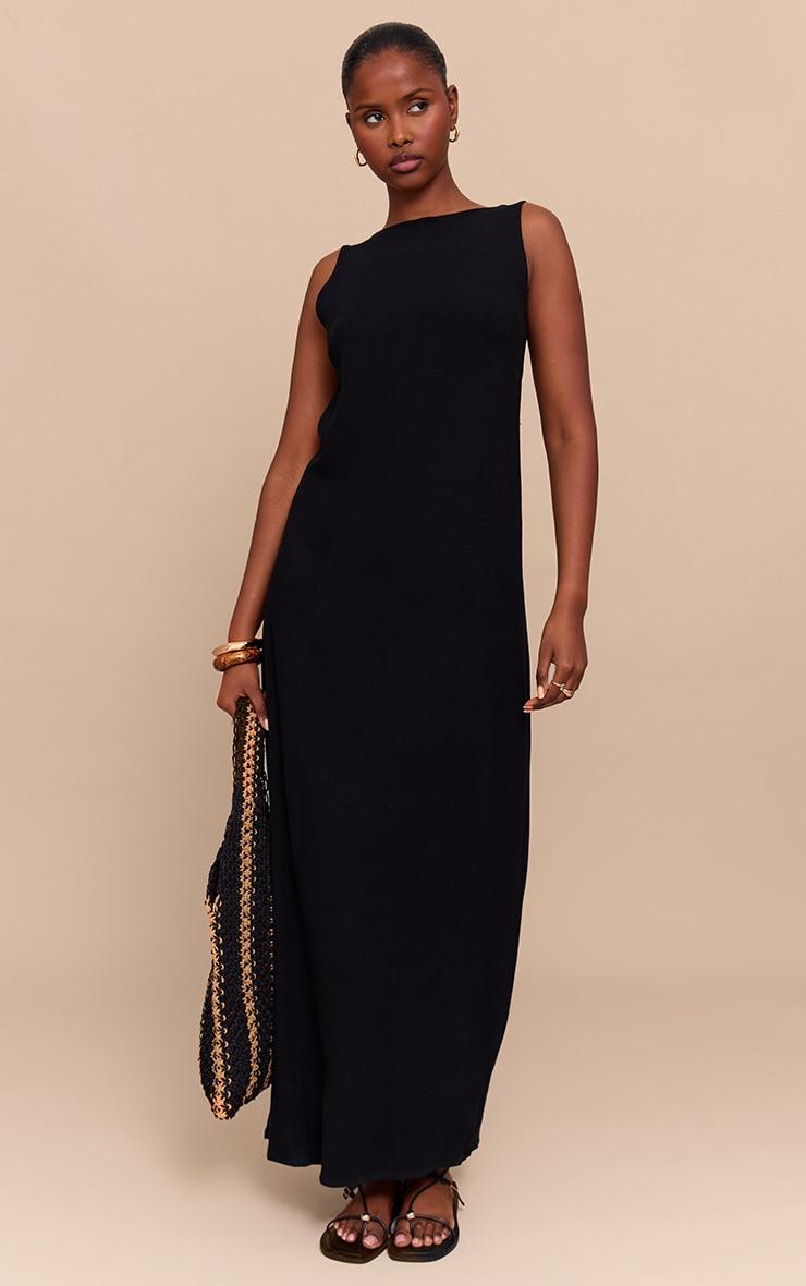 Black Textured Boat Neck Low Back Maxi Dress Product Image