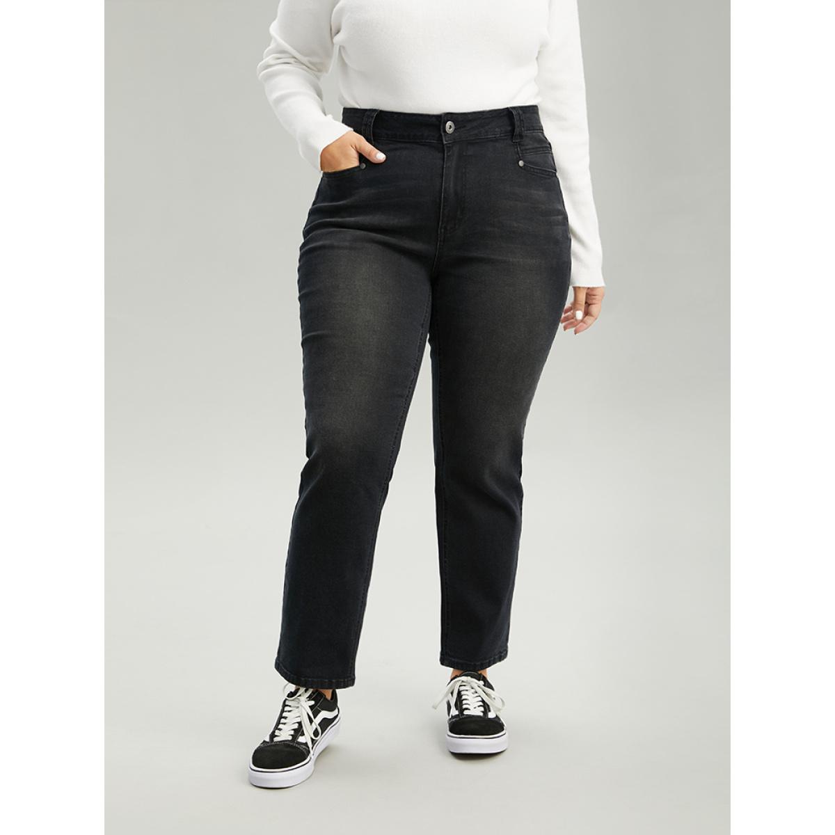 Plus Size Vintage Black Wash Straight Leg Jeans Women Black Casual Plain Plain High stretch Pocket Jeans BloomChic 10/M Product Image