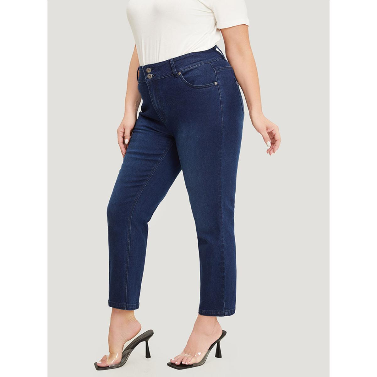 Plus Size Very Stretchy High Rise Dark Wash Embroidery Back Jeans Women DarkBlue Casual Plain Embroidered High stretch Jeans BloomChic 28/5X Product Image