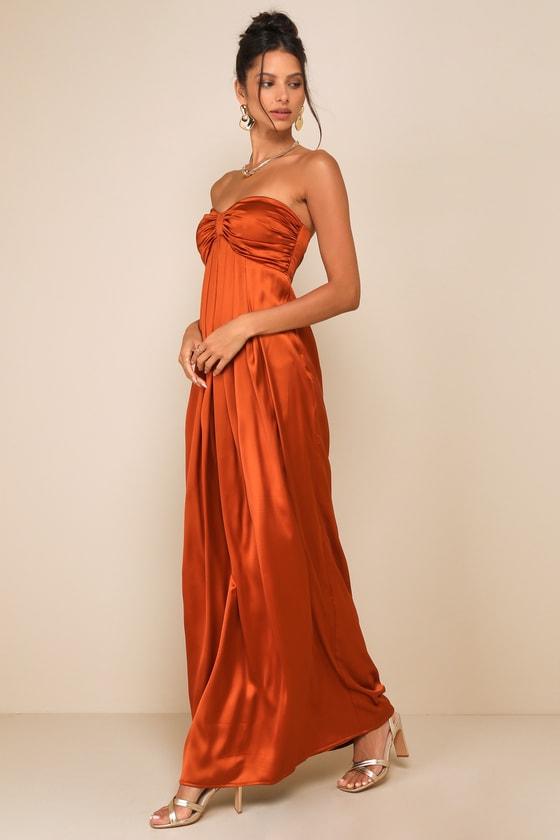 Memorable Entrance Rust Orange Strapless Satin Maxi Dress Product Image