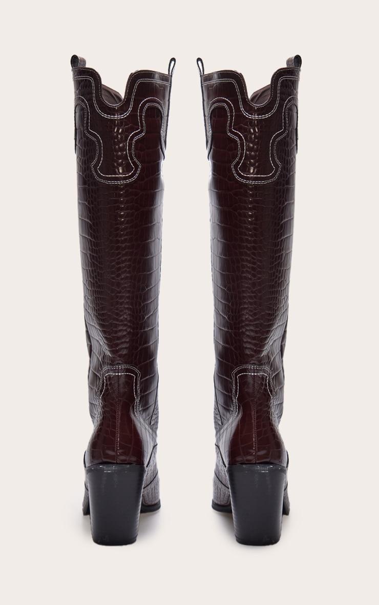 Burgundy Croc Pu Point Toe Western Stitch Knee High Block Heeled Boots Product Image