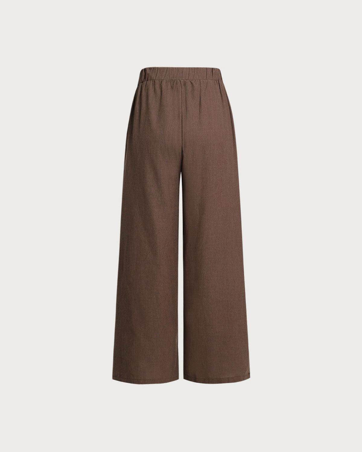 Coffee Elastic Waist Wide Leg Pants Product Image