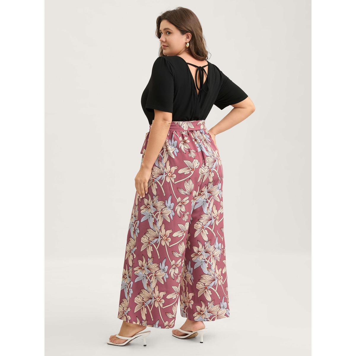 Plus Size Rosered Color Contrast Floral Belted Jumpsuit Women Short sleeve V-neck Elegant Loose Jumpsuits BloomChic 30/6X Product Image