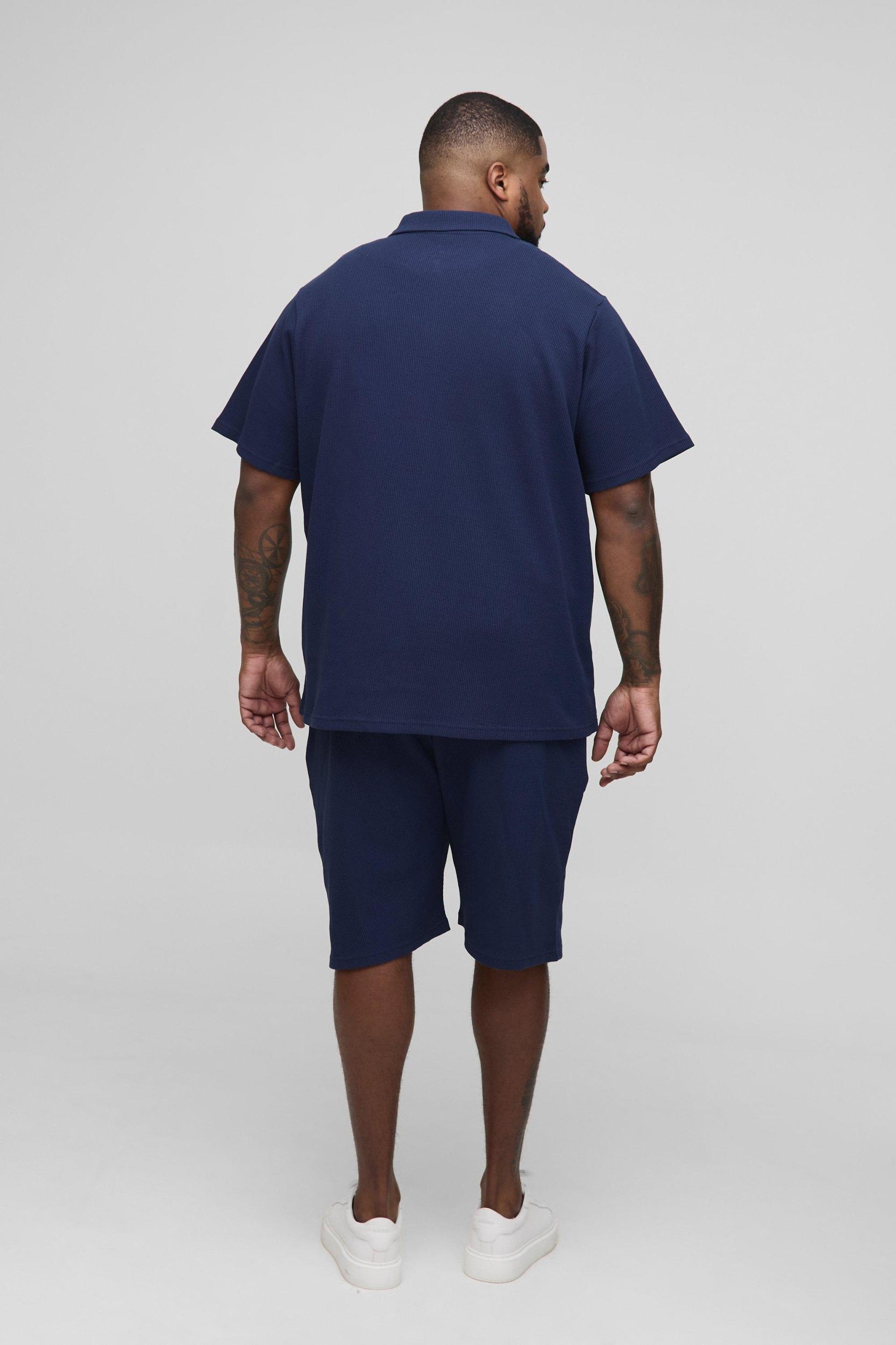 Plus Regular Fit Waffle Polo & Short Set | boohooMAN USA Product Image