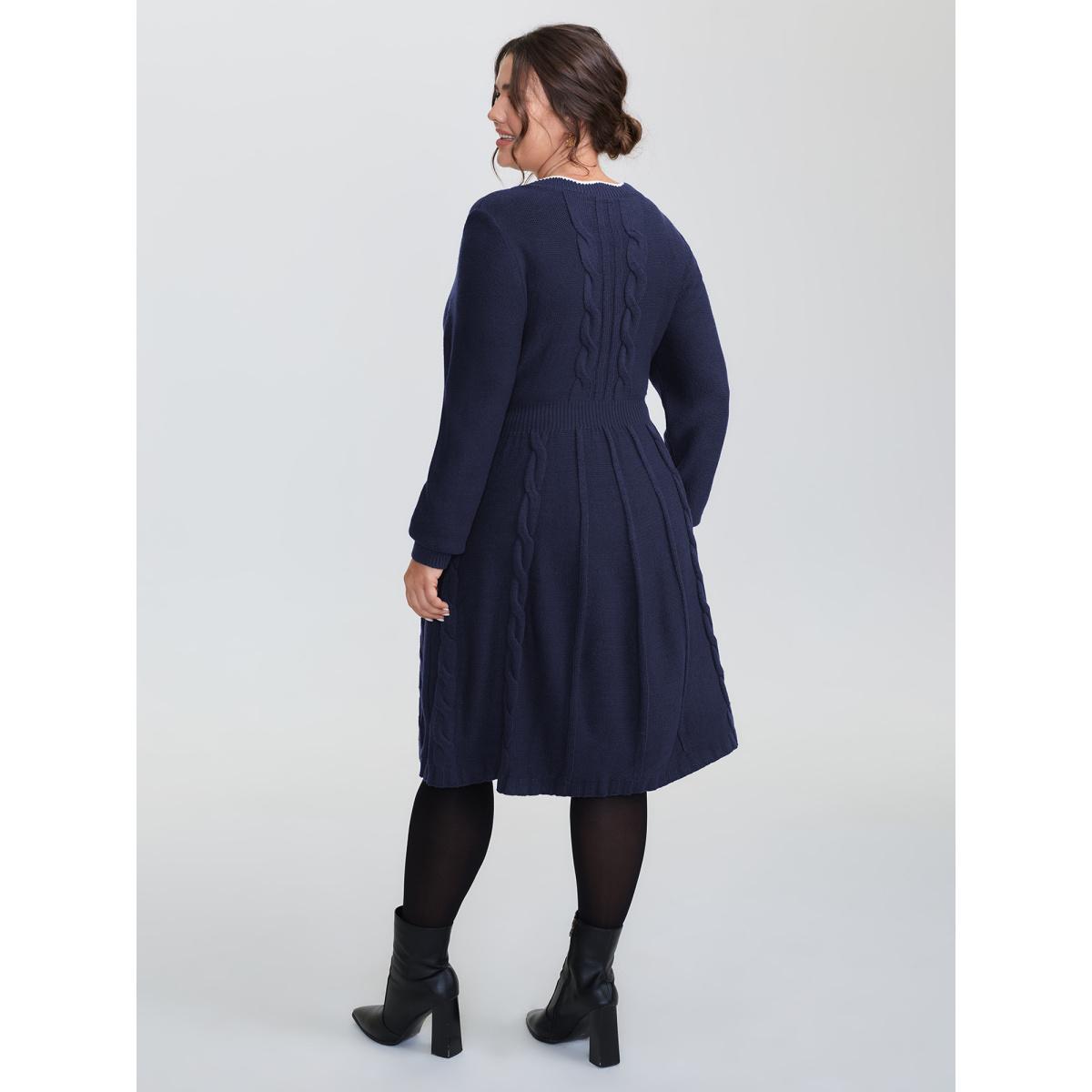Plus Size Scalloped V-Neck Fit and Flare Sweater Dress Indigo Women Timeless Bodycon Long Sleeve Elegant Sweater Dresses BloomChic 14-16/1X Product Image