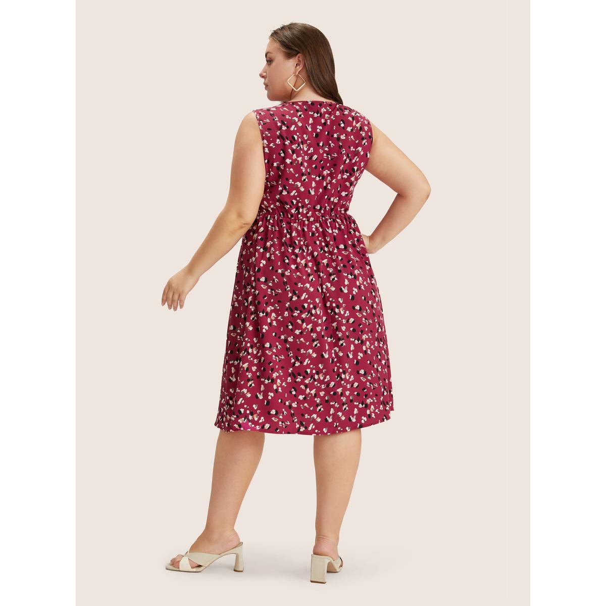Plus Size Allover Print Pocket Flutter Crossover Ruched Tank Dress Burgundy Women Elegant Twist Round Neck Sleeveless Curvy Midi Dress BloomChic 14-16/1X Product Image