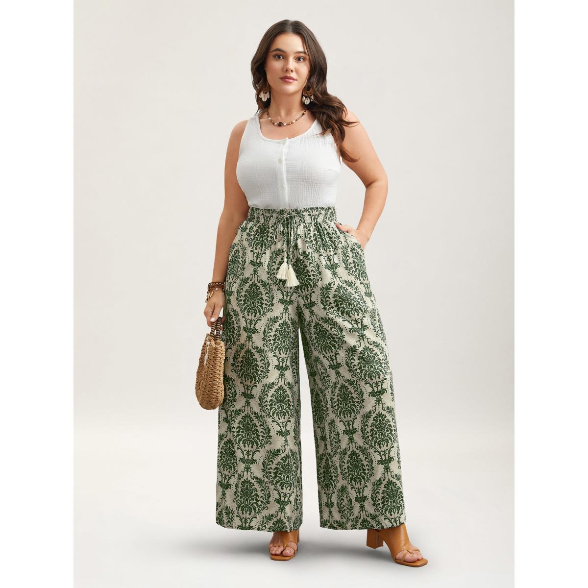 Plus Size Damask Print Tassel Straight-Leg Pants Women Midnight Boho Wide Leg Mid Rise Vacation Pants BloomChic 30/6X Product Image