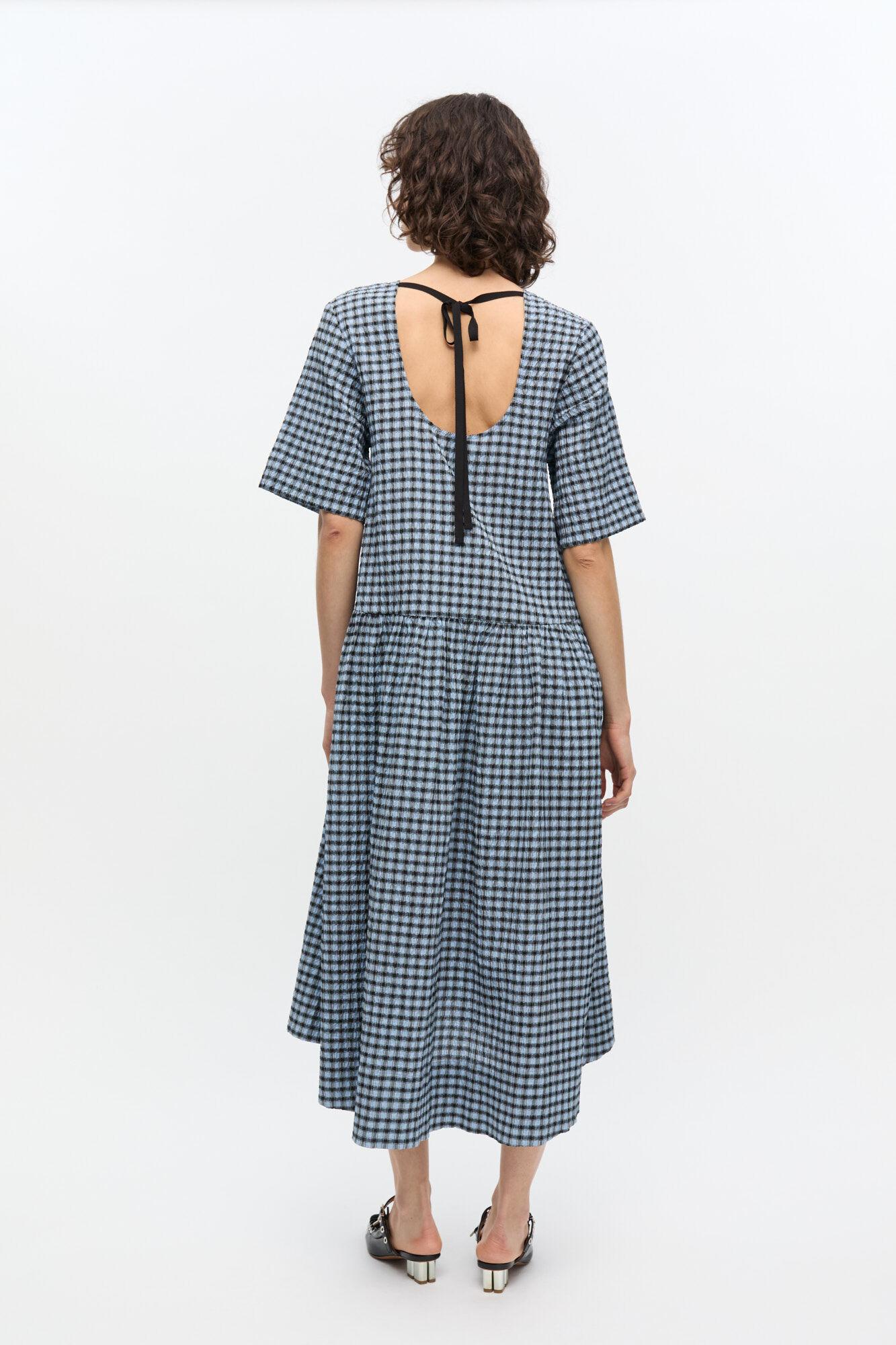 Blue Seersucker Check Midi Dress Product Image