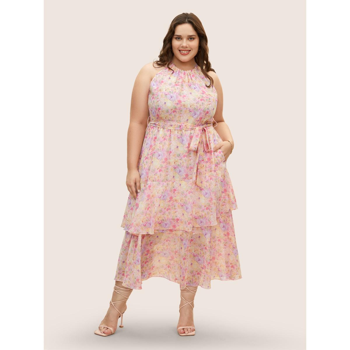 Plus Size Halter Floral Belted Layered Hem Dress Nudepink Women Elegant Halter neck Sleeveless Curvy BloomChic 26/4X Product Image