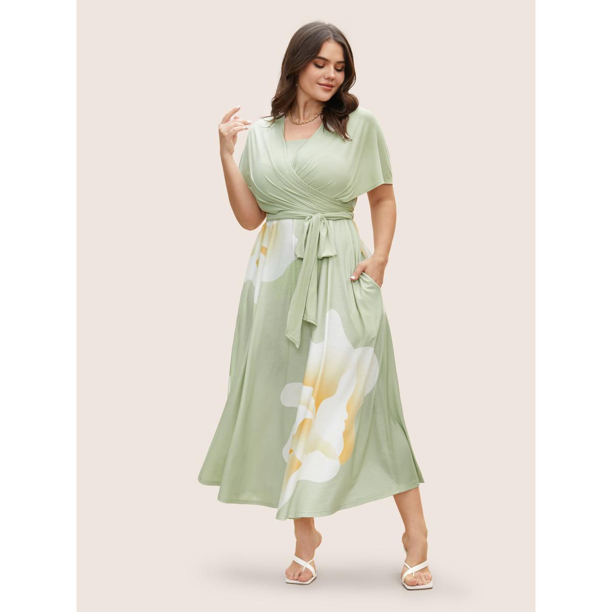 Plus Size Everywhere Dress - Floral Mesh Ties Dress Mint Women Elegant Belted Non Sleeveless Curvy BloomChic 18-20/2X Product Image